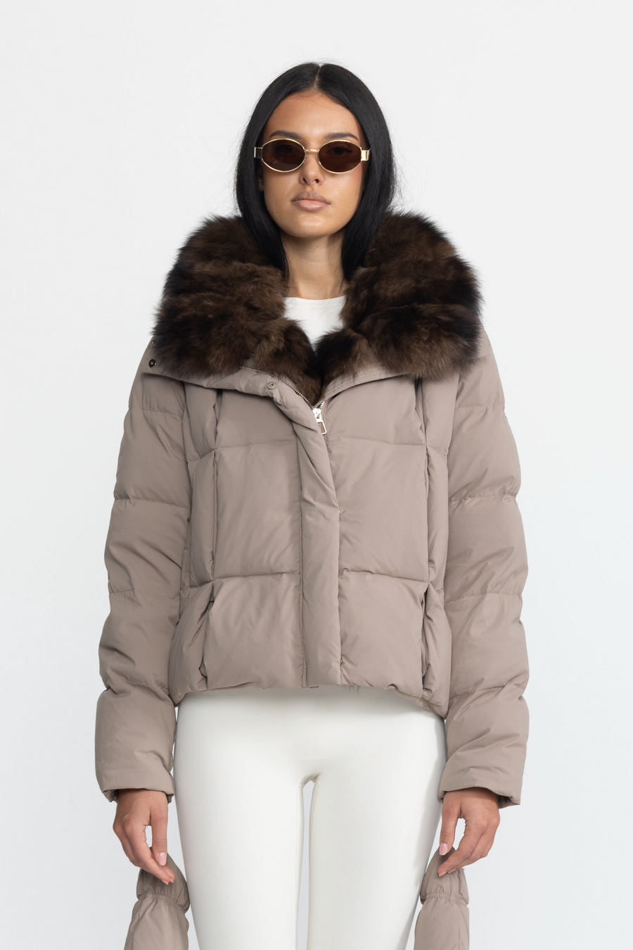 Aliénor Taupe Fox Fur Collar Cropped Down Puffer Jacket