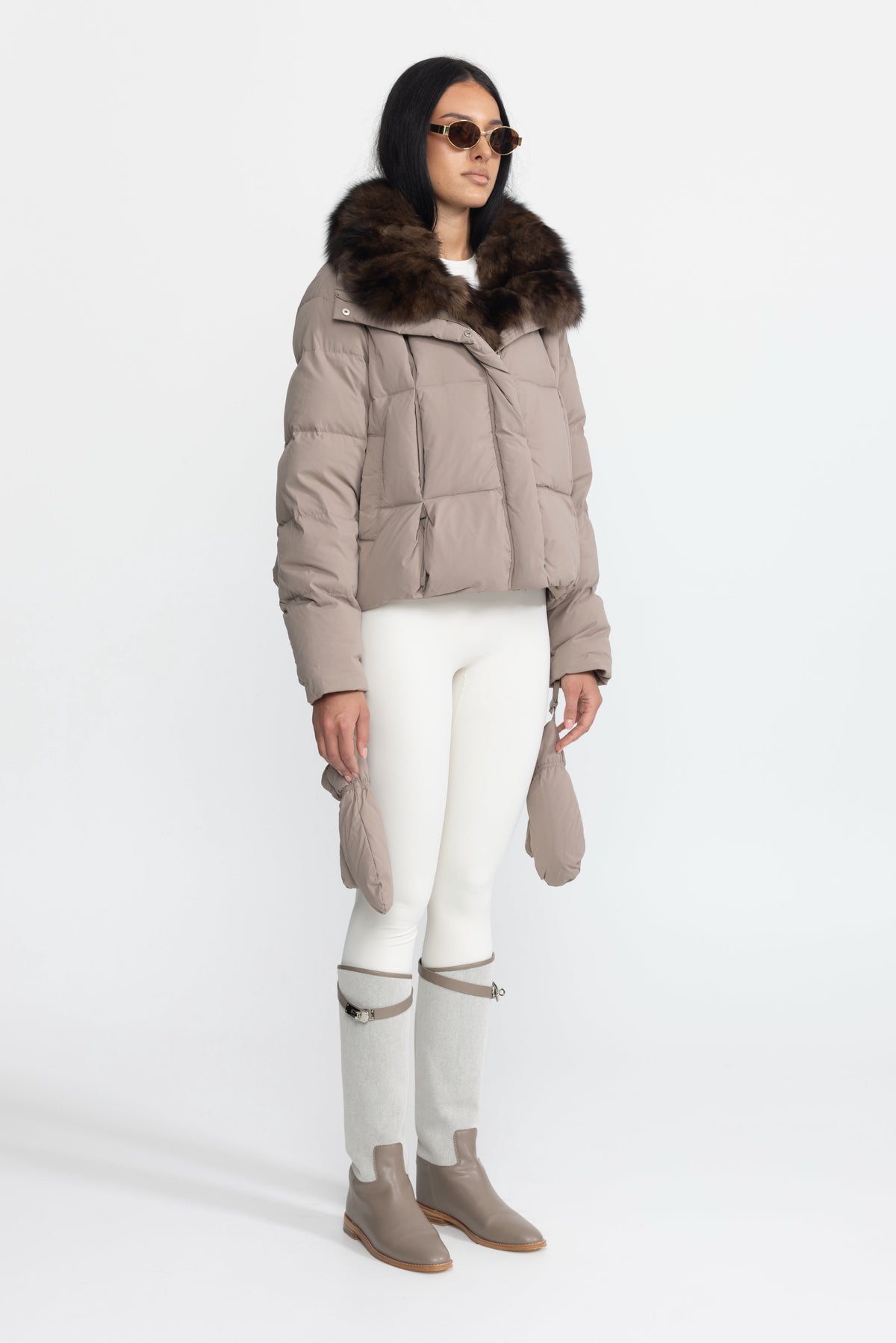Aliénor Taupe Fox Fur Collar Cropped Down Puffer Jacket