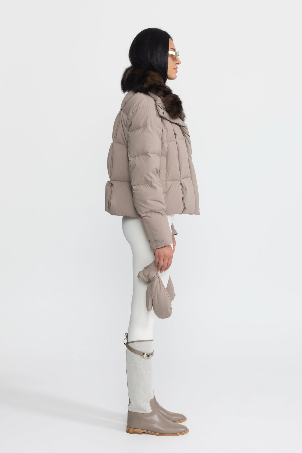Aliénor Taupe Fox Fur Collar Cropped Down Puffer Jacket