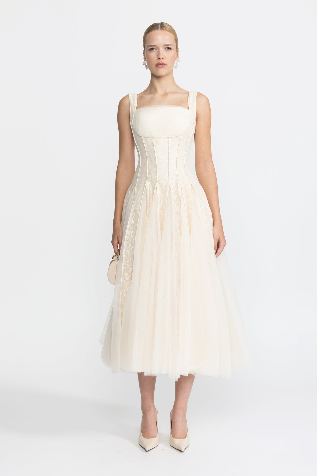 Églantine Ivoire Lace Panel Corset Tulle Midi Dress