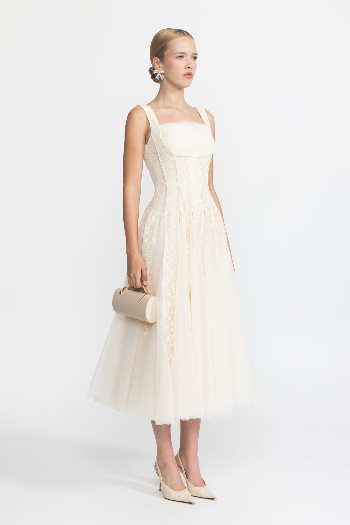 Églantine Ivoire Lace Panel Corset Tulle Midi Dress