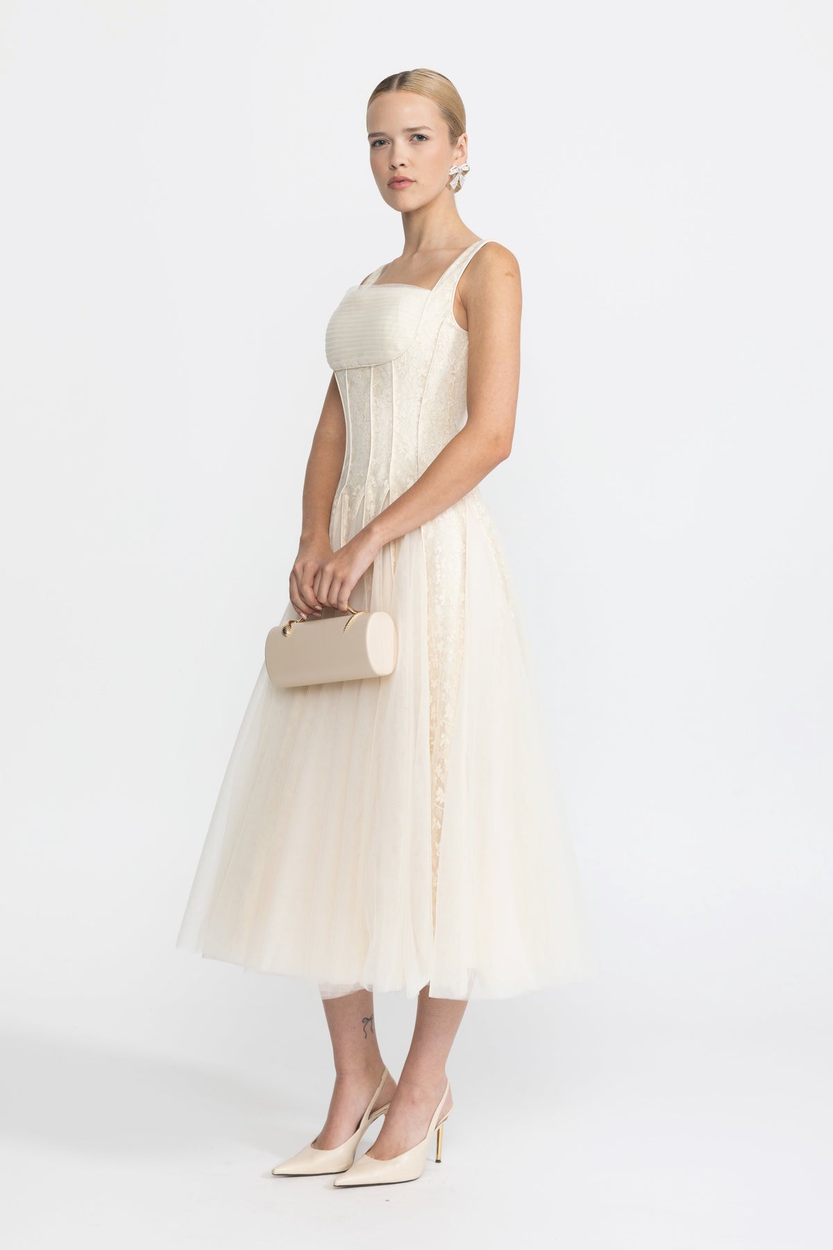 Églantine Ivoire Lace Panel Corset Tulle Midi Dress
