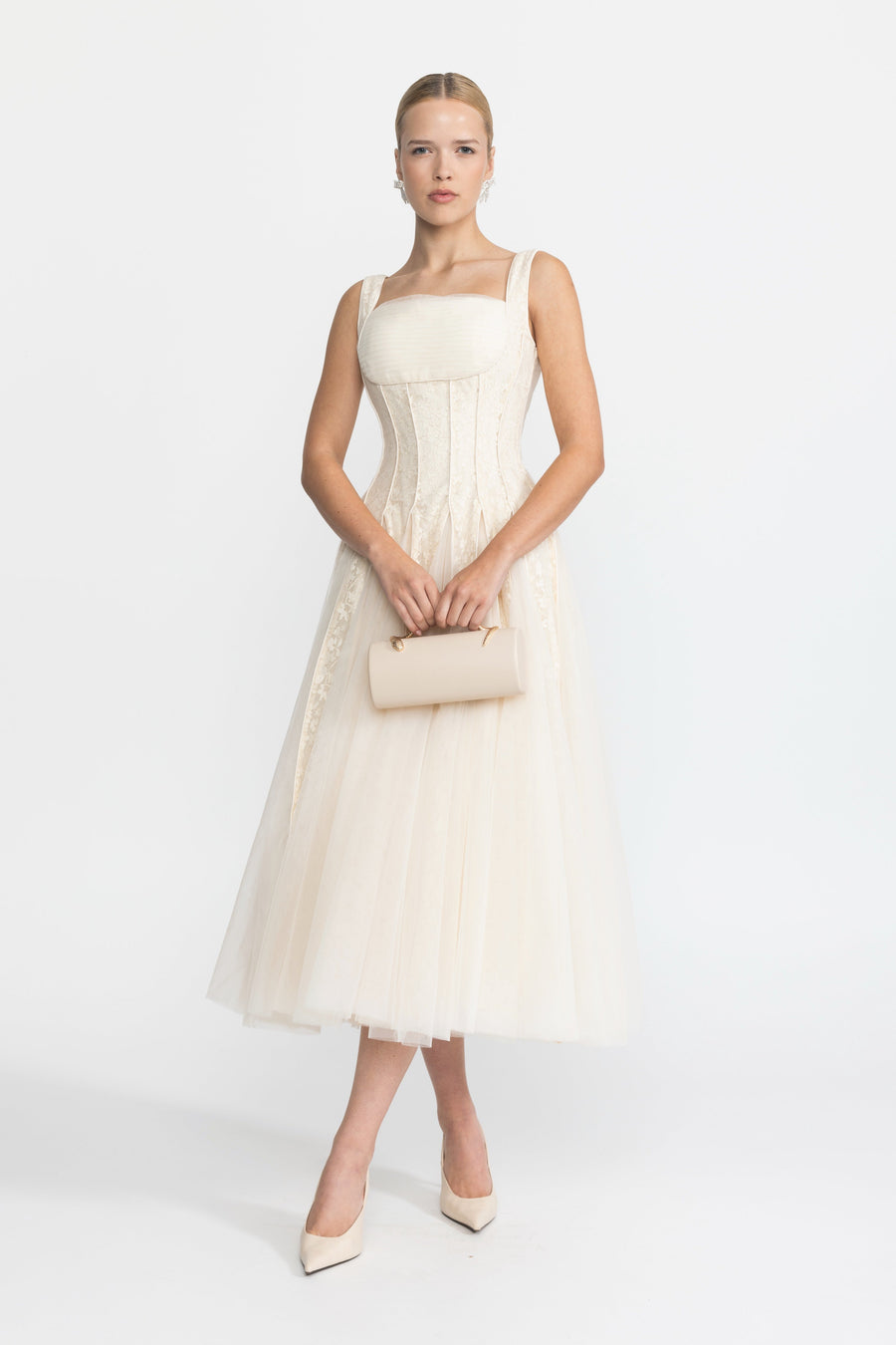 Églantine Ivoire Lace Panel Corset Tulle Midi Dress