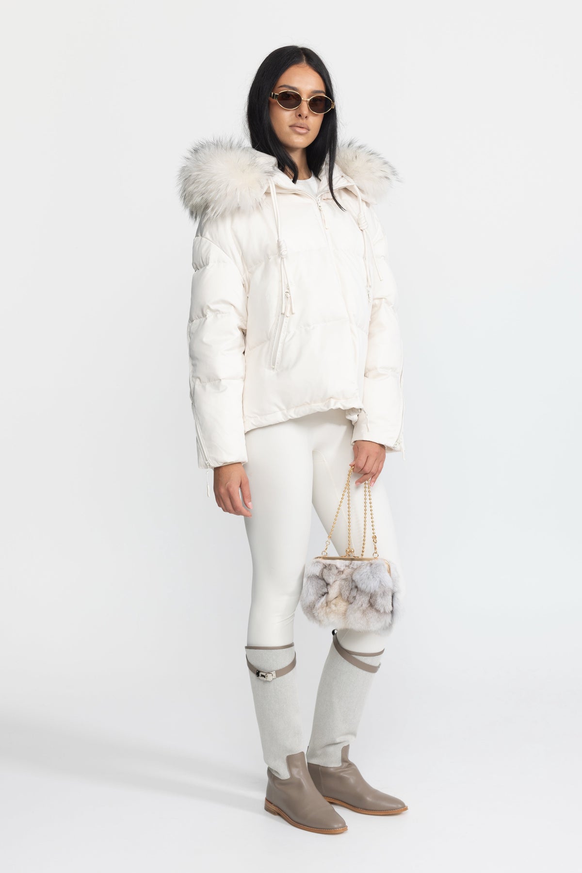 Isaure Ivoire Raccoon Fur Hood Cropped Down Puffer Jacket