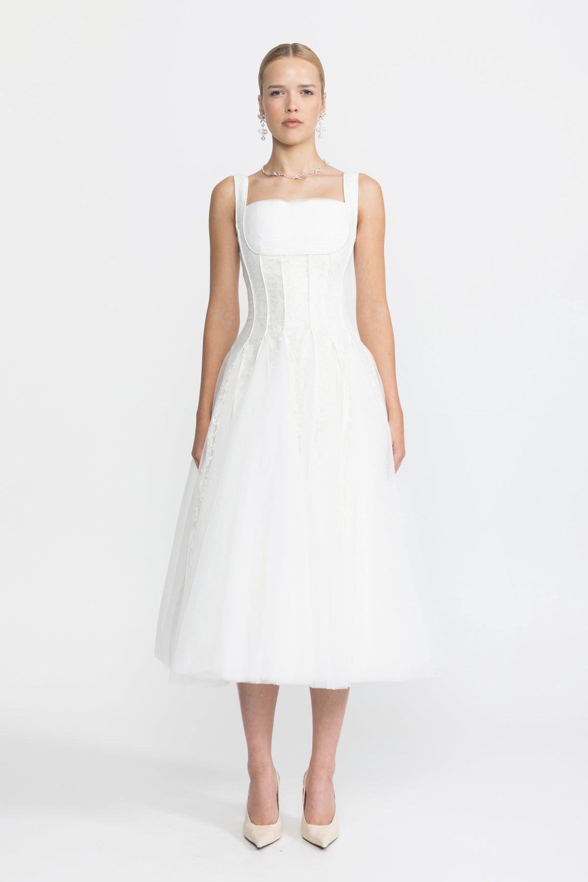 Églantine White Lace Panel Corset Tulle Midi Dress