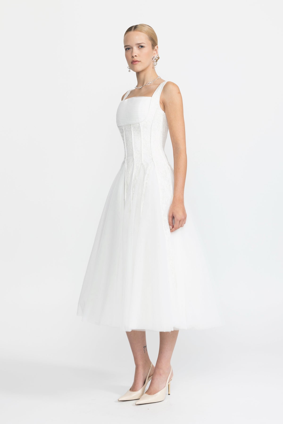 Églantine White Lace Panel Corset Tulle Midi Dress