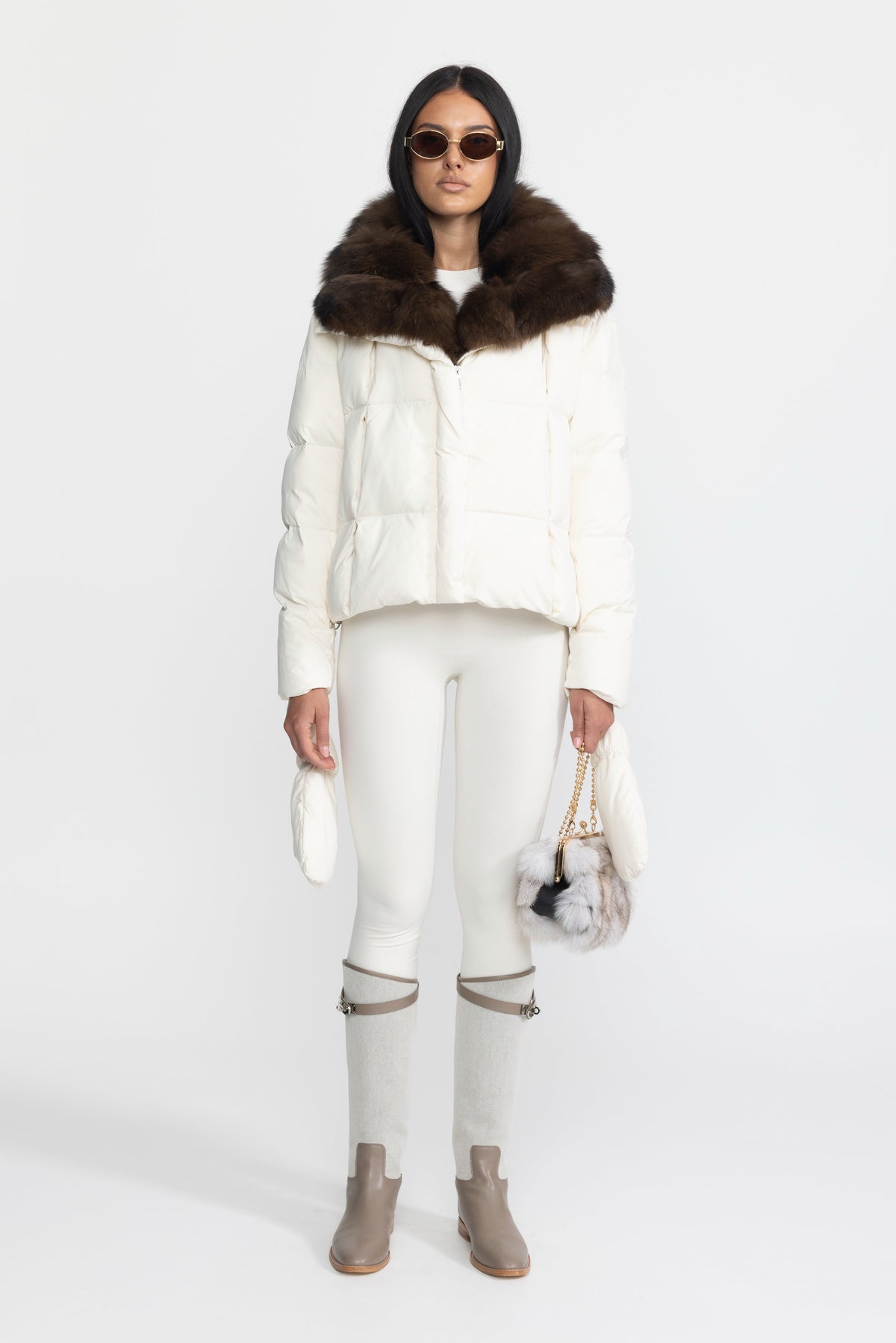 Aliénor Ivoire Fox Fur Collar Cropped Down Puffer Jacket