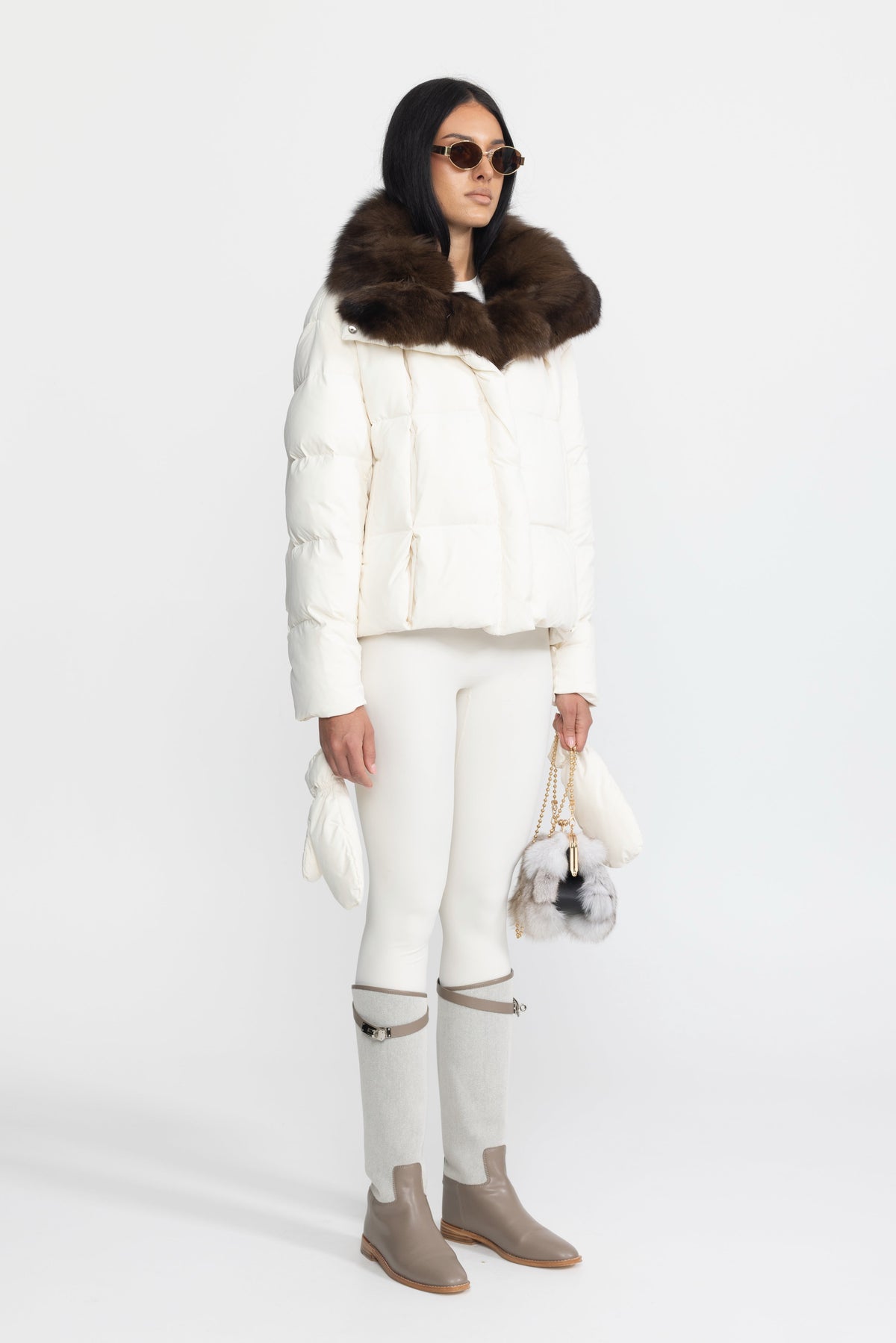 Aliénor Ivoire Fox Fur Collar Cropped Down Puffer Jacket