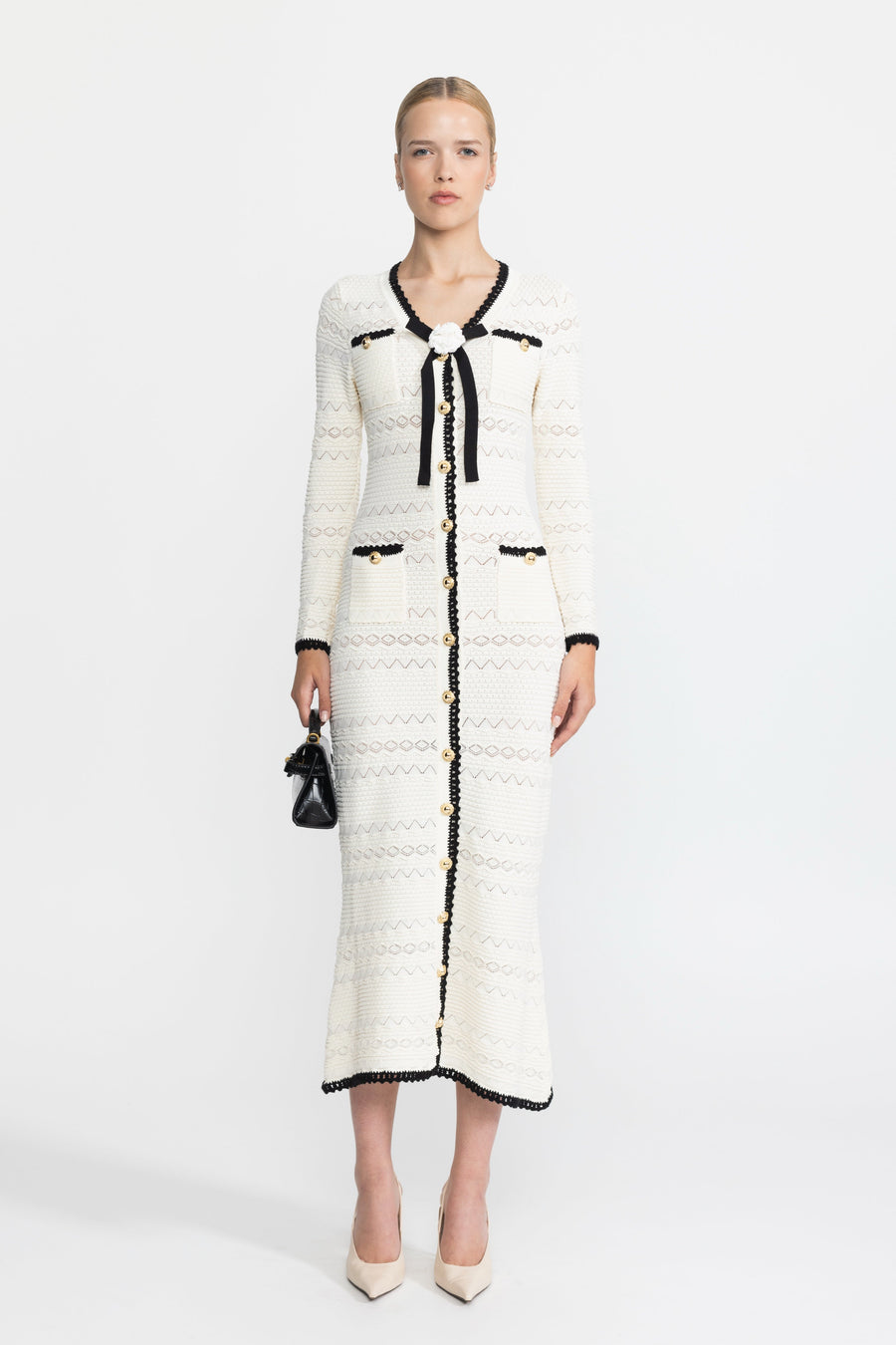 Adeline Ivoire Crochet Trim Knit Button Midi Dress with Flower Brooch