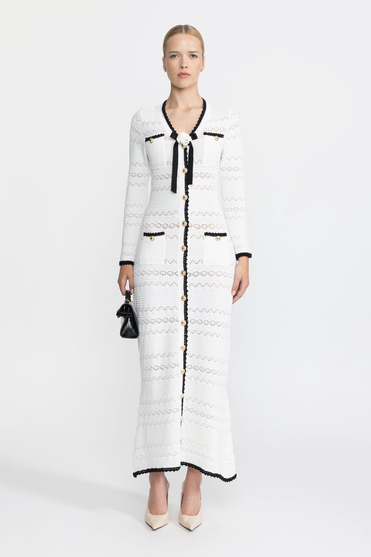 Adeline White Crochet Trim Knit Button Midi Dress with Flower Brooch
