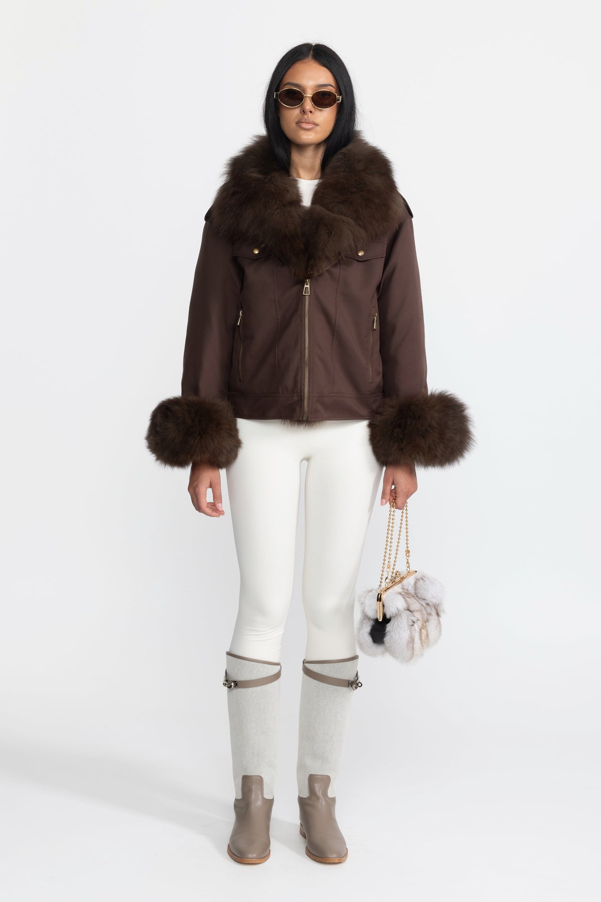 Angèle Chocolate Fox Fur Collar and Cuff Down Utility Jacket