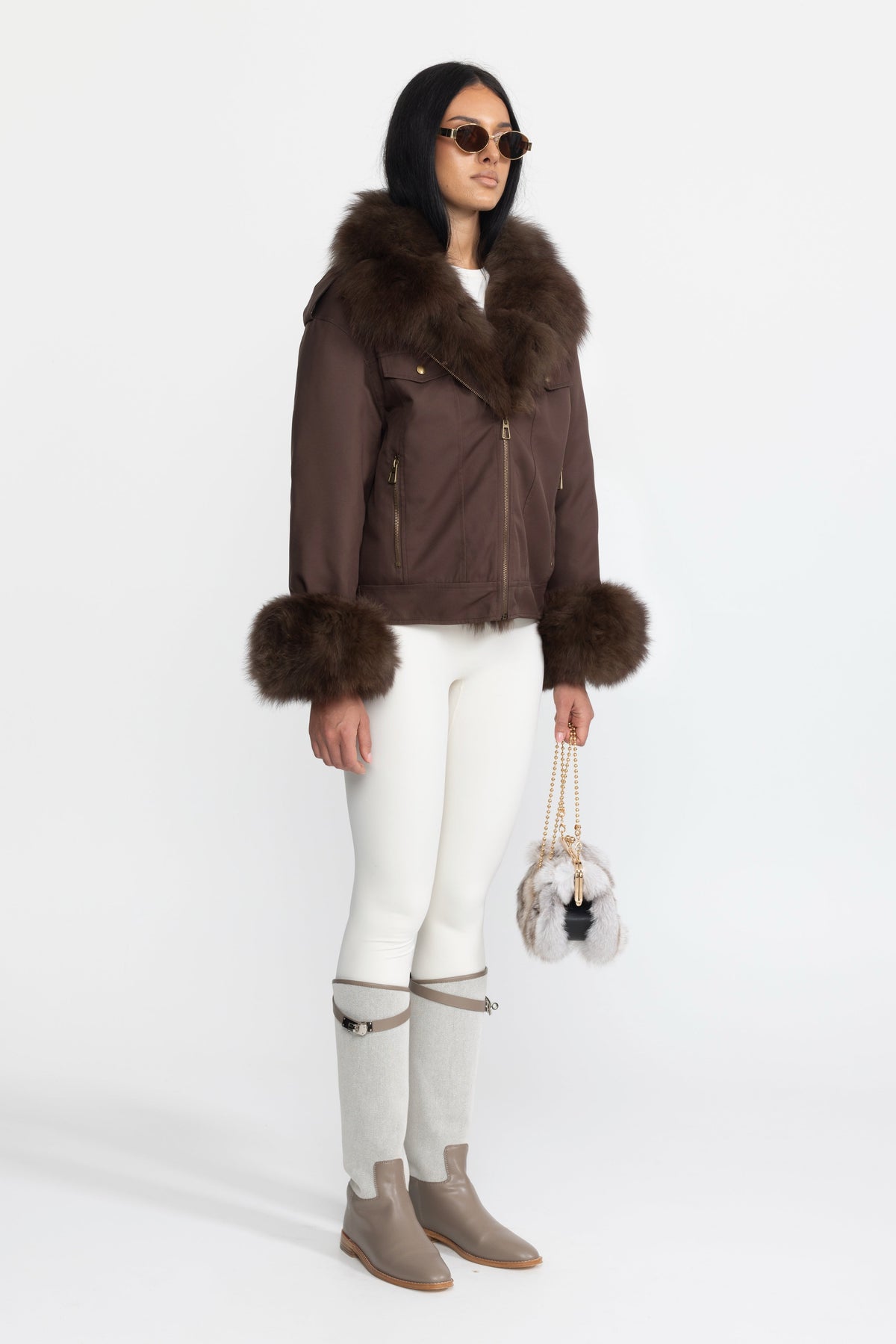 Angèle Chocolate Fox Fur Collar and Cuff Down Utility Jacket