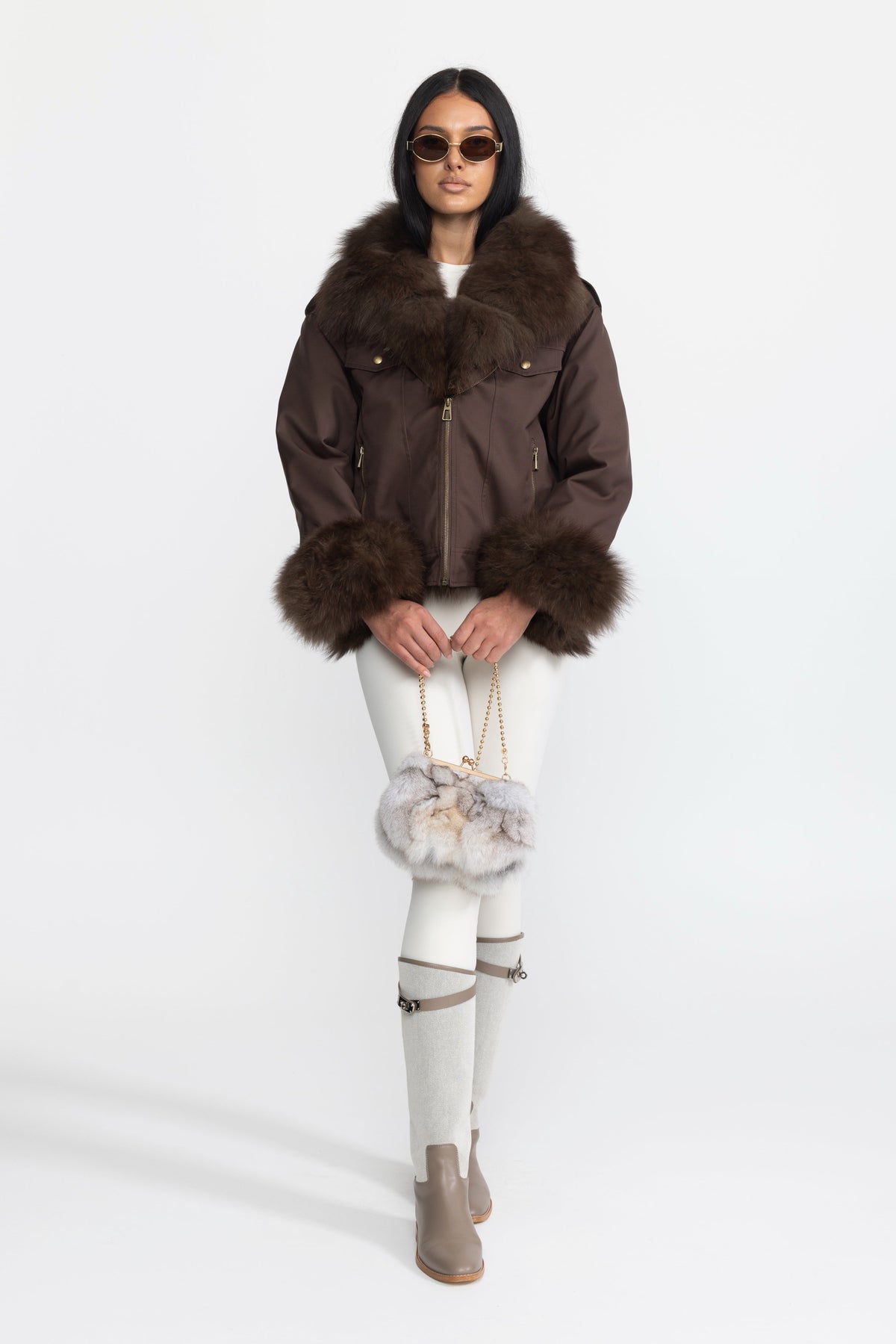 Angèle Chocolate Fox Fur Collar and Cuff Down Utility Jacket