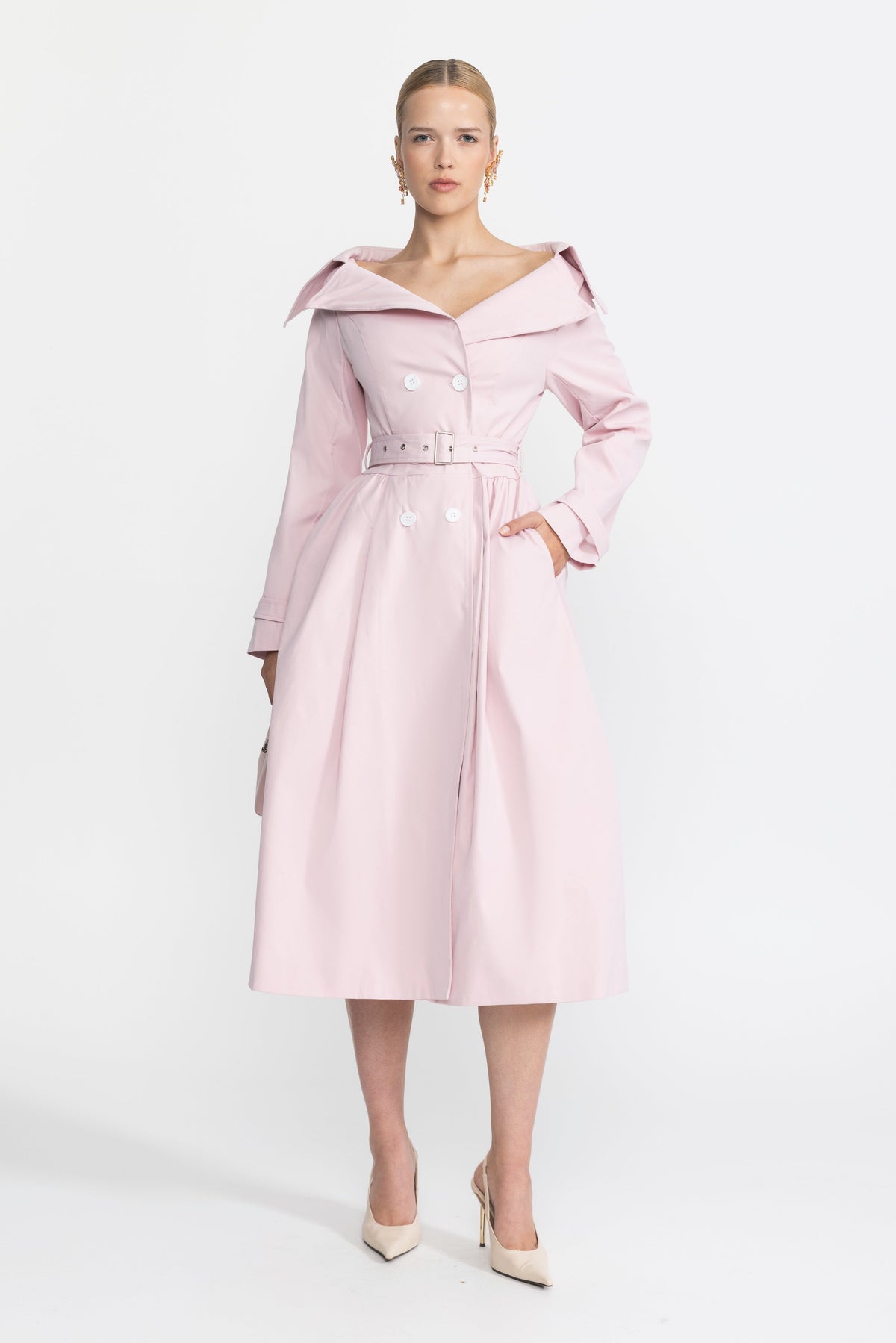 Ariane Pink Off-Shoulder Collar Belted Trench Dress