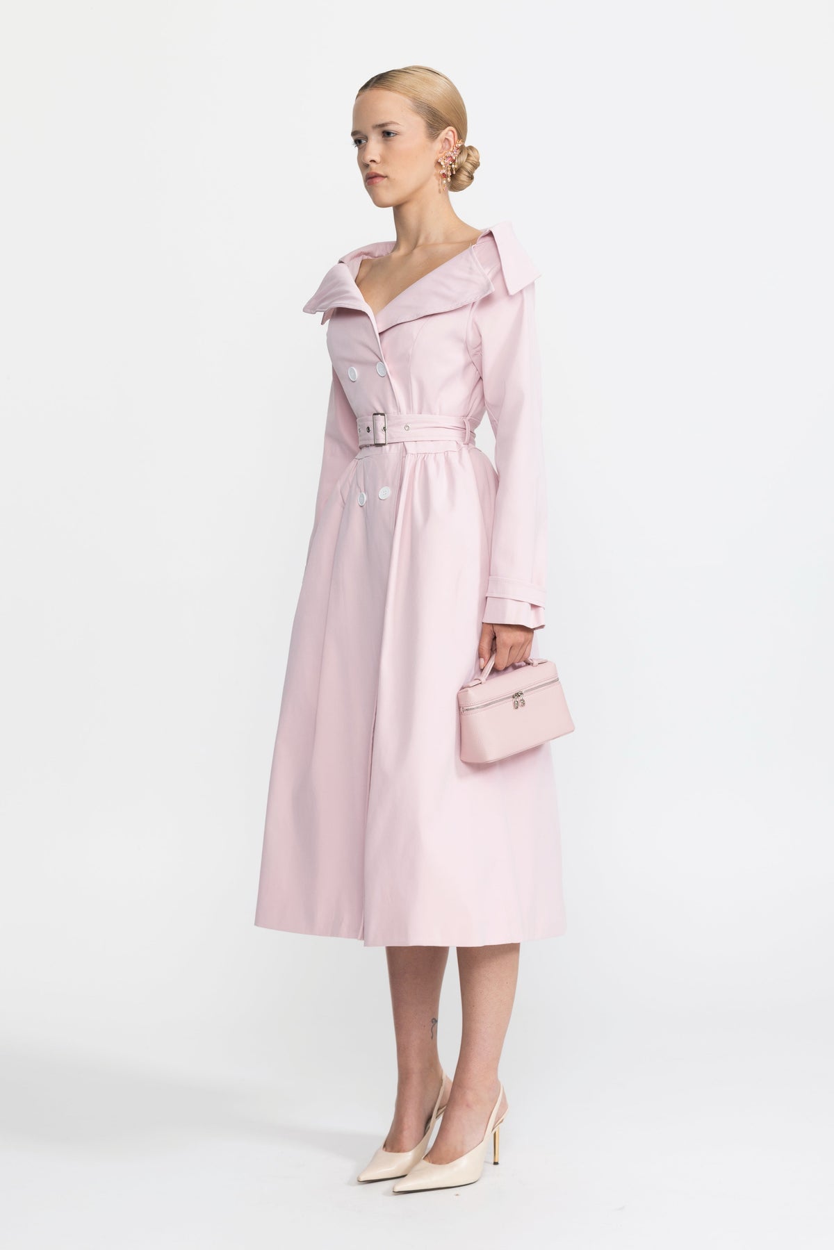 Ariane Pink Off-Shoulder Collar Belted Trench Dress