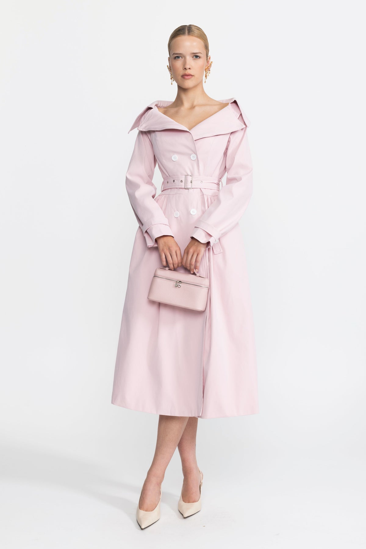 Ariane Pink Off-Shoulder Collar Belted Trench Dress