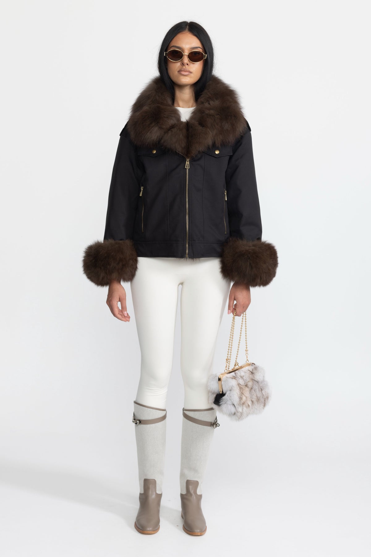 Angèle Black Fox Fur Collar and Cuff Down Utility Jacket