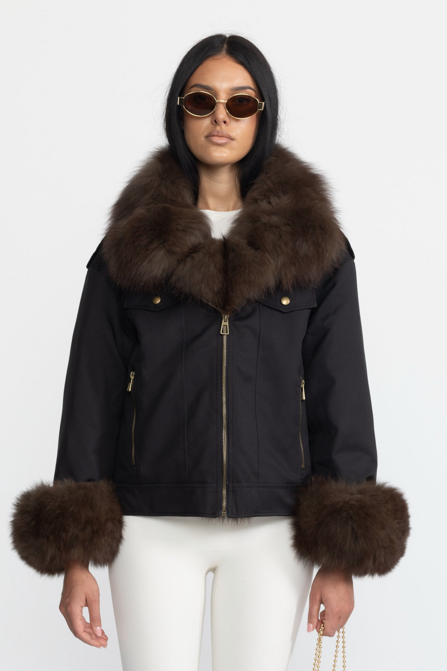 Angèle Black Fox Fur Collar and Cuff Down Utility Jacket