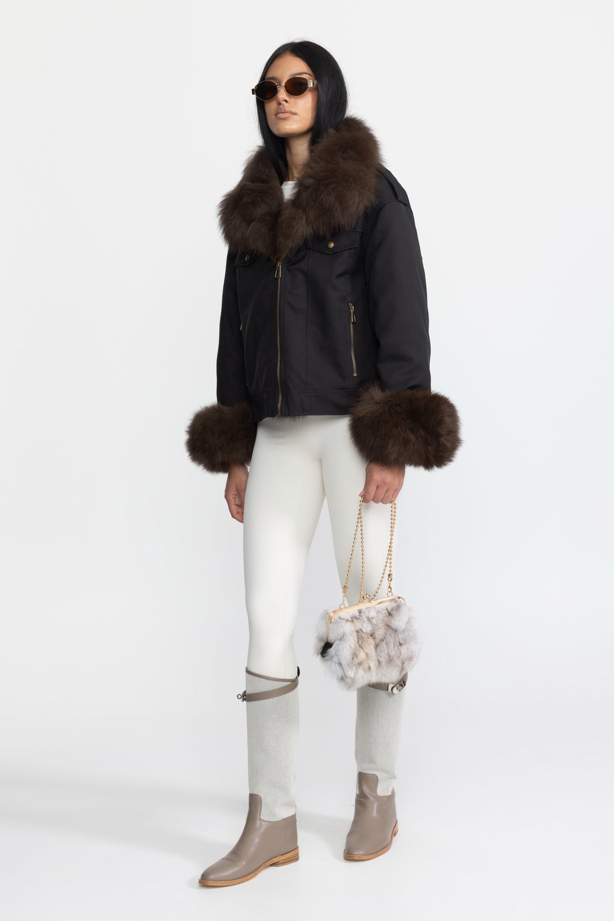 Angèle Black Fox Fur Collar and Cuff Down Utility Jacket