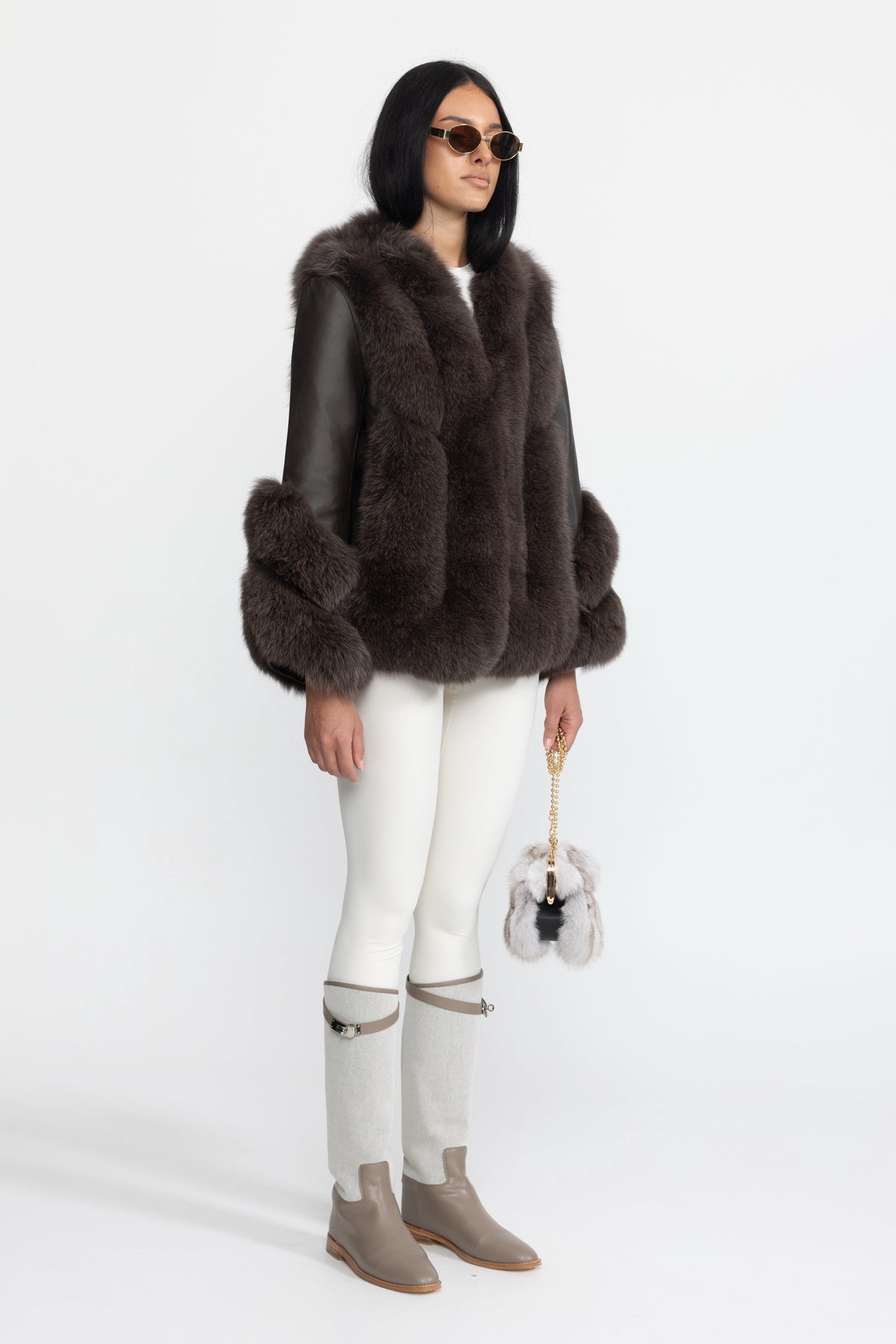 Athénaïs Chocolate Fox Fur Panel Shearling Jacket