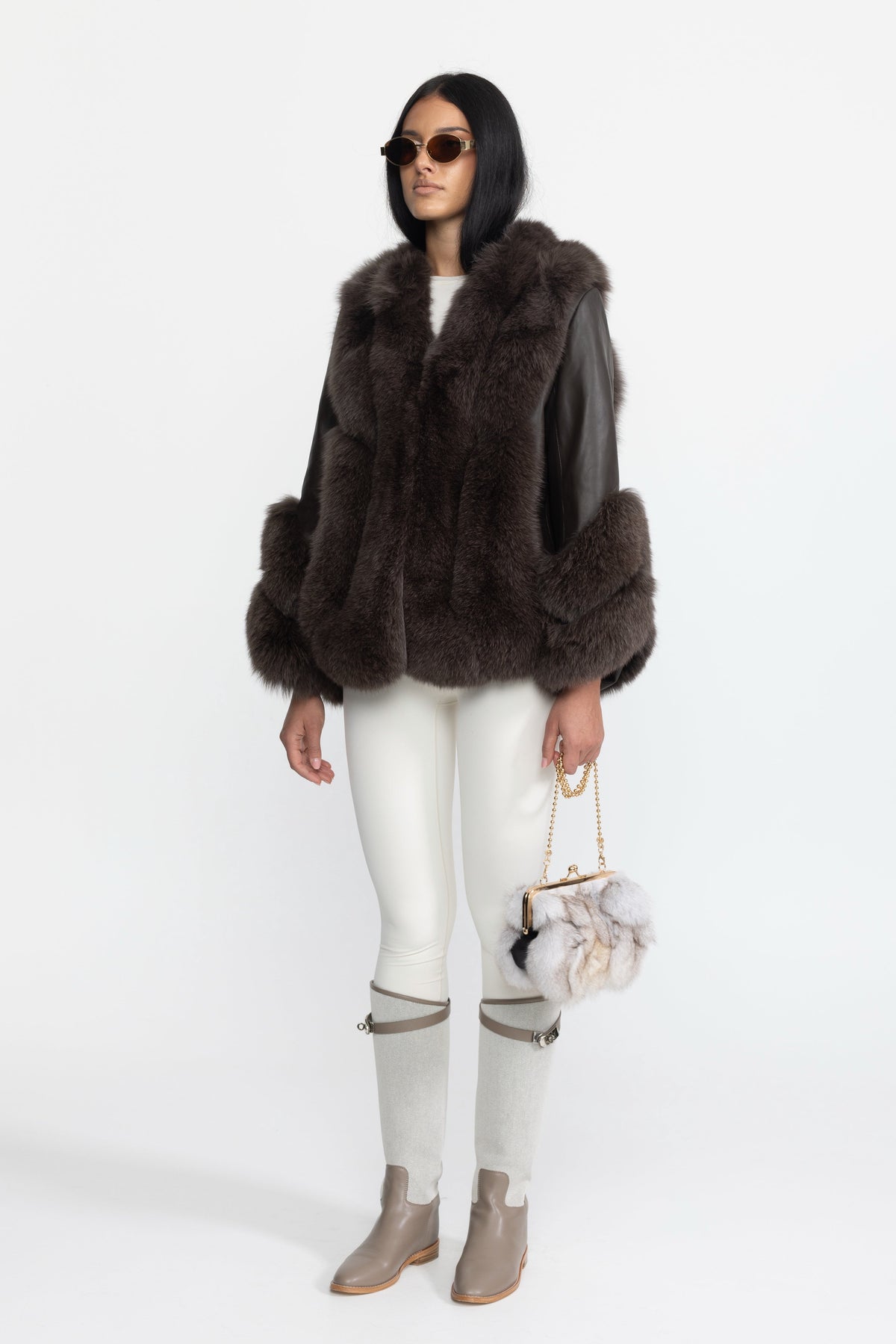 Athénaïs Chocolate Fox Fur Panel Shearling Jacket