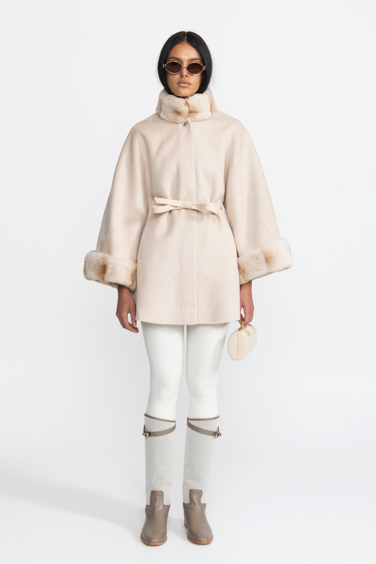 Marthe Ivoire Belted Wool&Cashmere Cape Coat with Chinchilla Rex Fur Collar and Cuffs