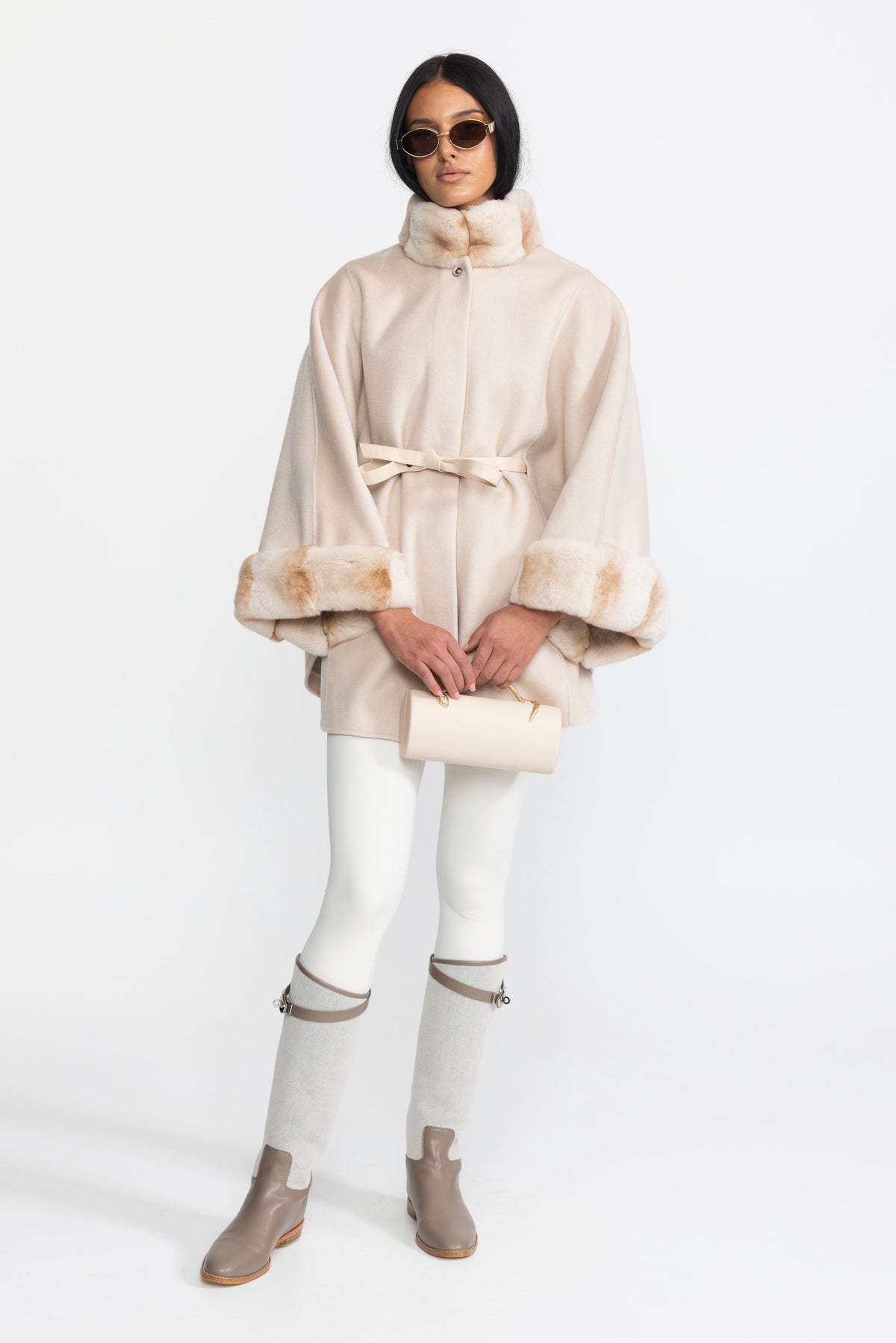 Marthe Ivoire Belted Wool&Cashmere Cape Coat with Chinchilla Rex Fur Collar and Cuffs