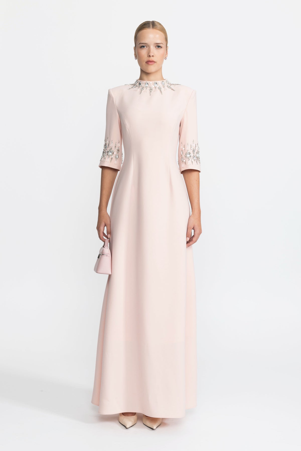 Félicie Pink Crystal Embellished Collar and Cuff Maxi Dress