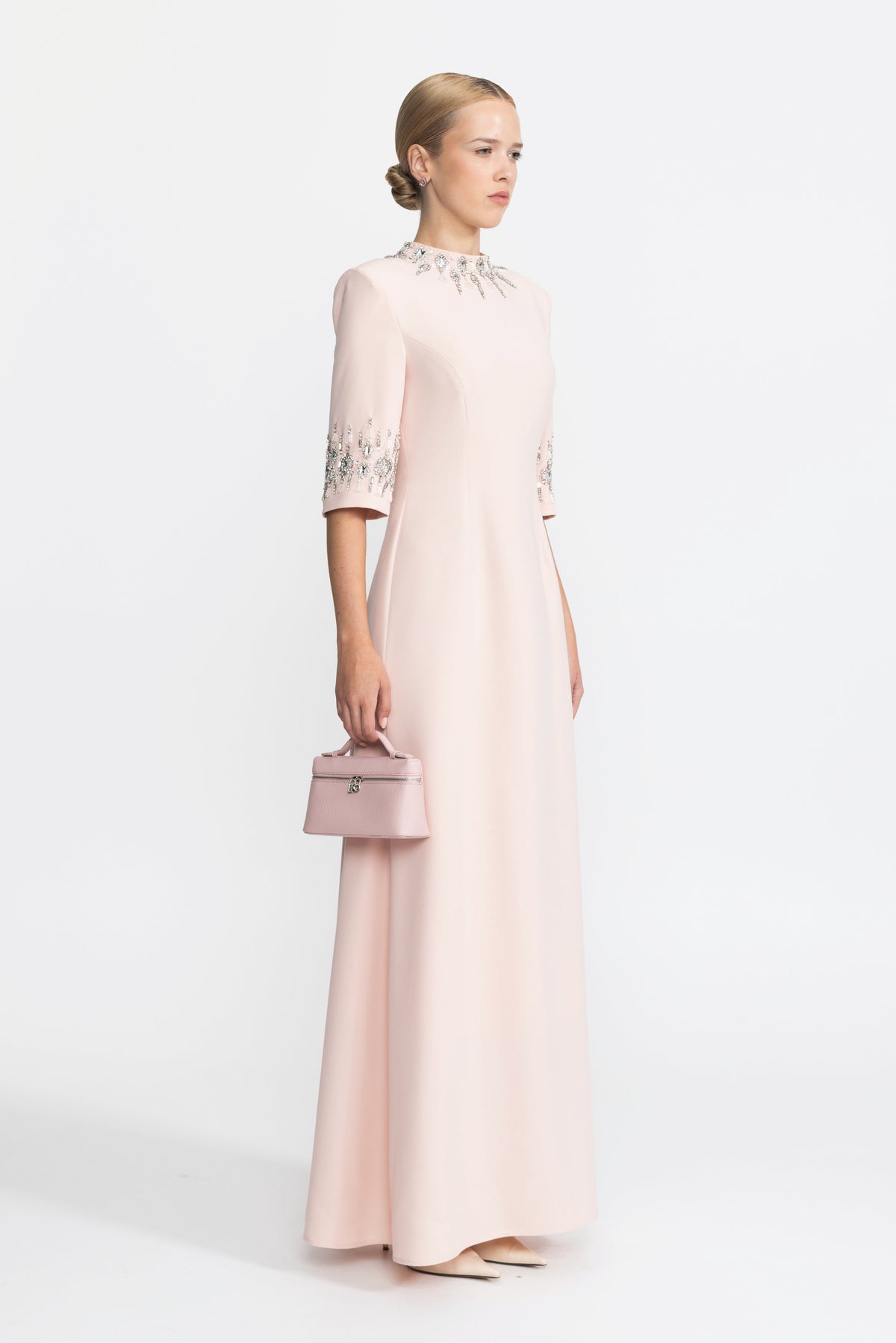 Félicie Pink Crystal Embellished Collar and Cuff Maxi Dress
