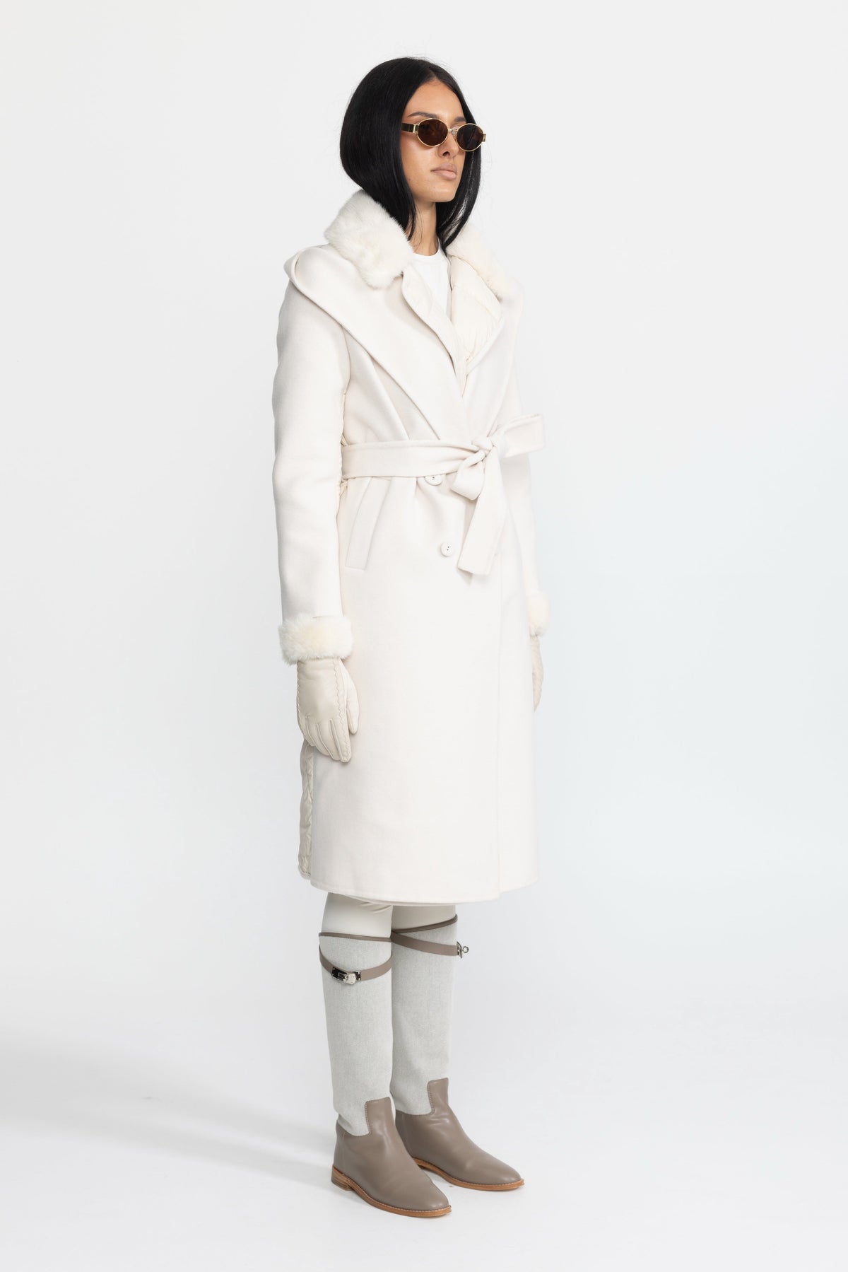 Bathilde Ivoire Quilted Back Hooded Wool Wrap Coat with Mink Fur