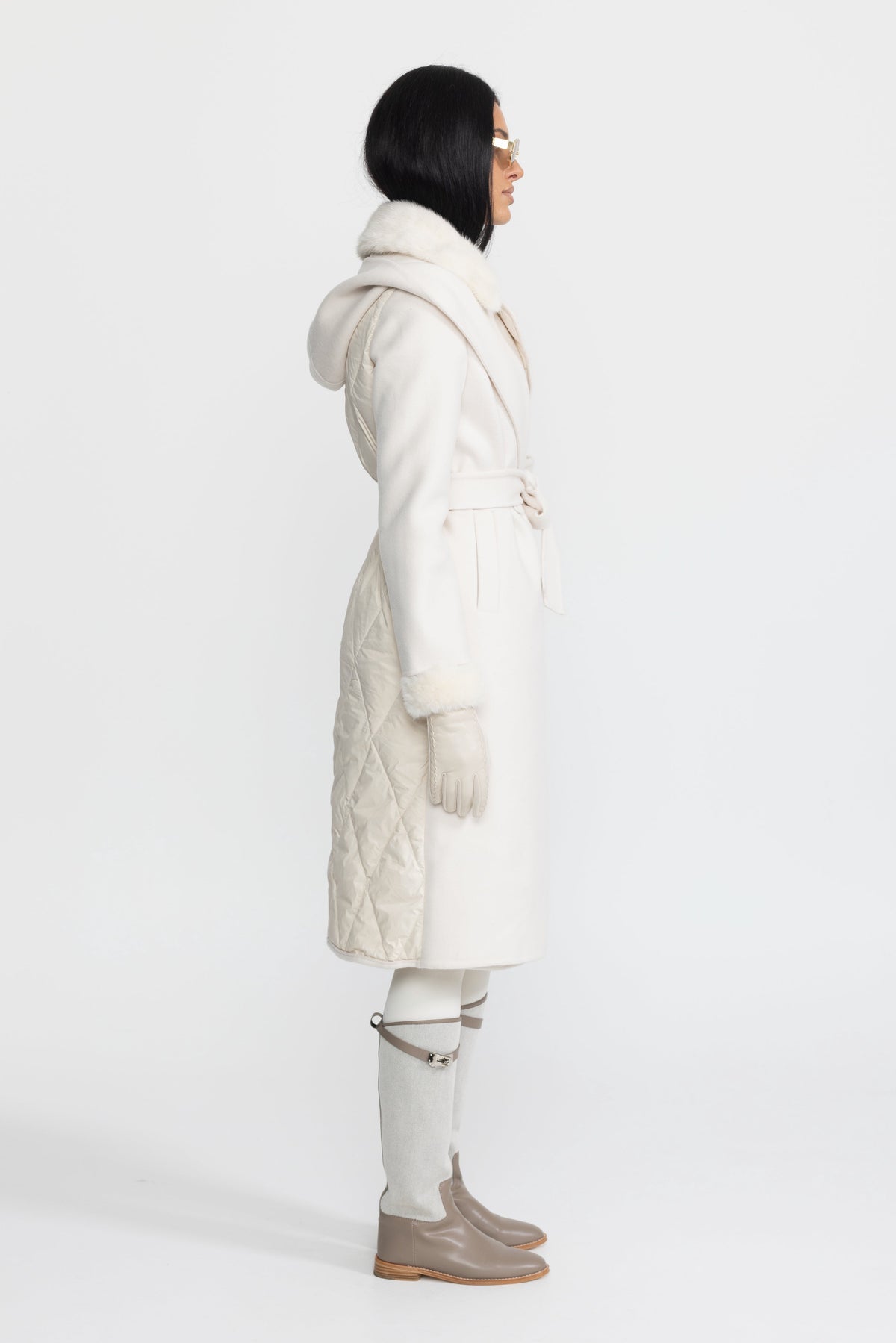 Bathilde Ivoire Quilted Back Hooded Wool Wrap Coat with Mink Fur