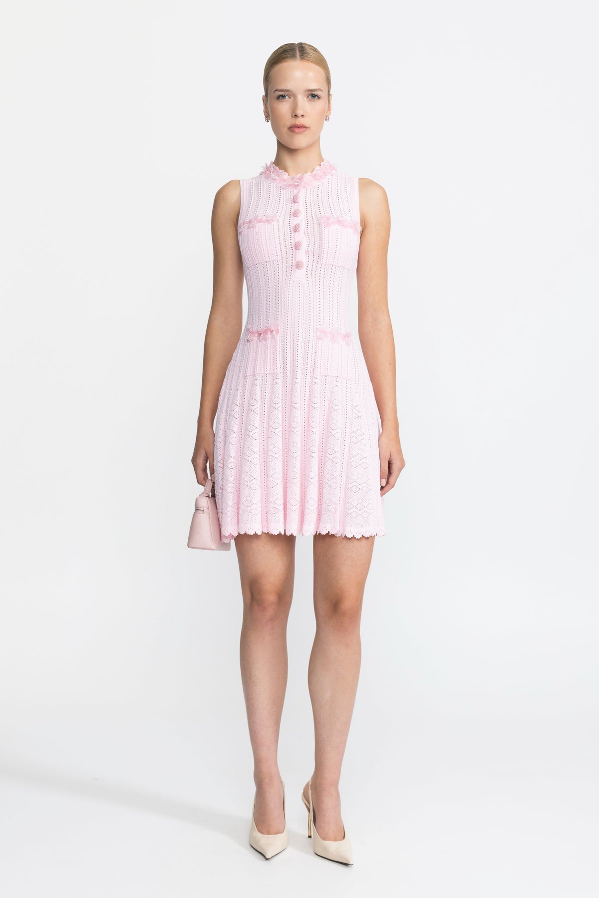 Flavie Pink Organza Flower Trim Pointelle Knit Mini Dress