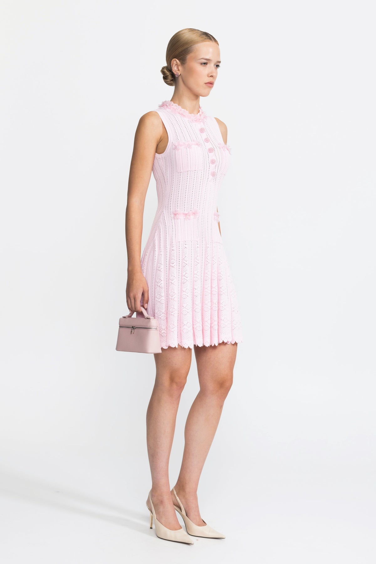 Flavie Pink Organza Flower Trim Pointelle Knit Mini Dress