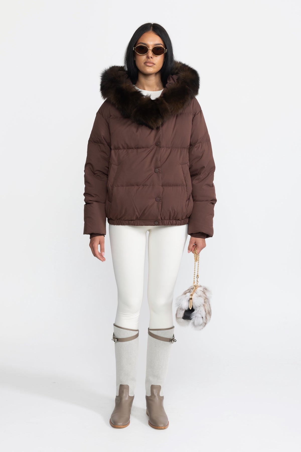 Eulalie Chocolate Fox Fur Hood Cropped Down Puffer Jacket