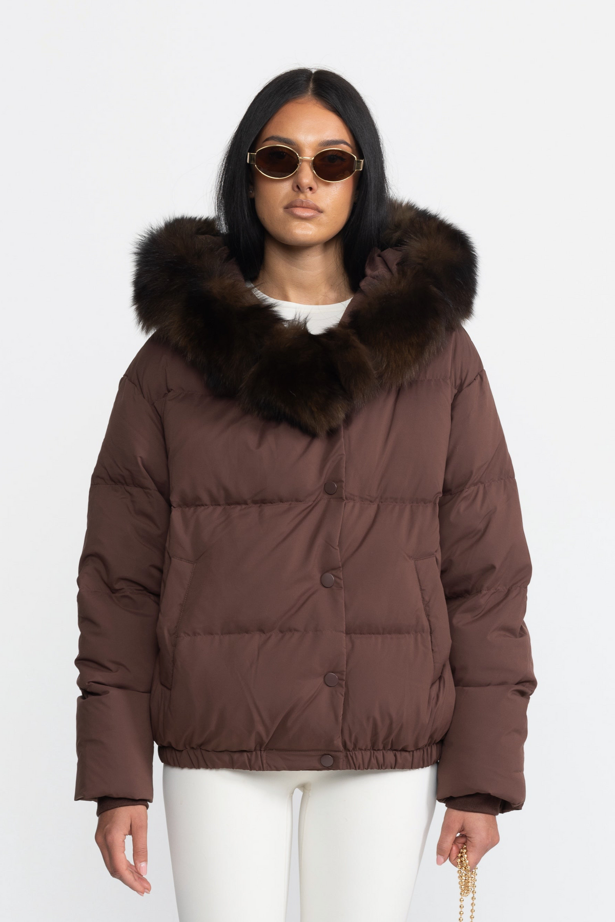 Eulalie Chocolate Fox Fur Hood Cropped Down Puffer Jacket