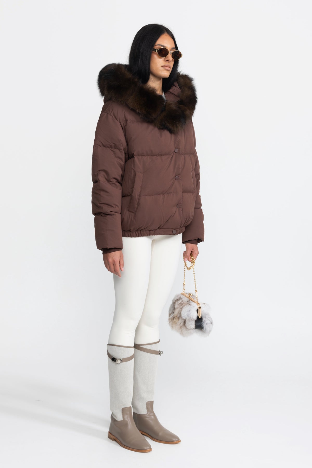 Eulalie Chocolate Fox Fur Hood Cropped Down Puffer Jacket