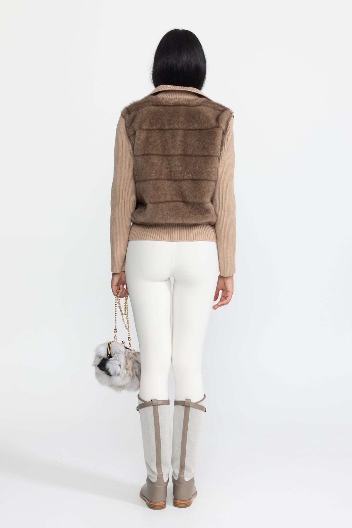 Calixte Mocha Plush Panel Knit Sleeve Zip Jacket