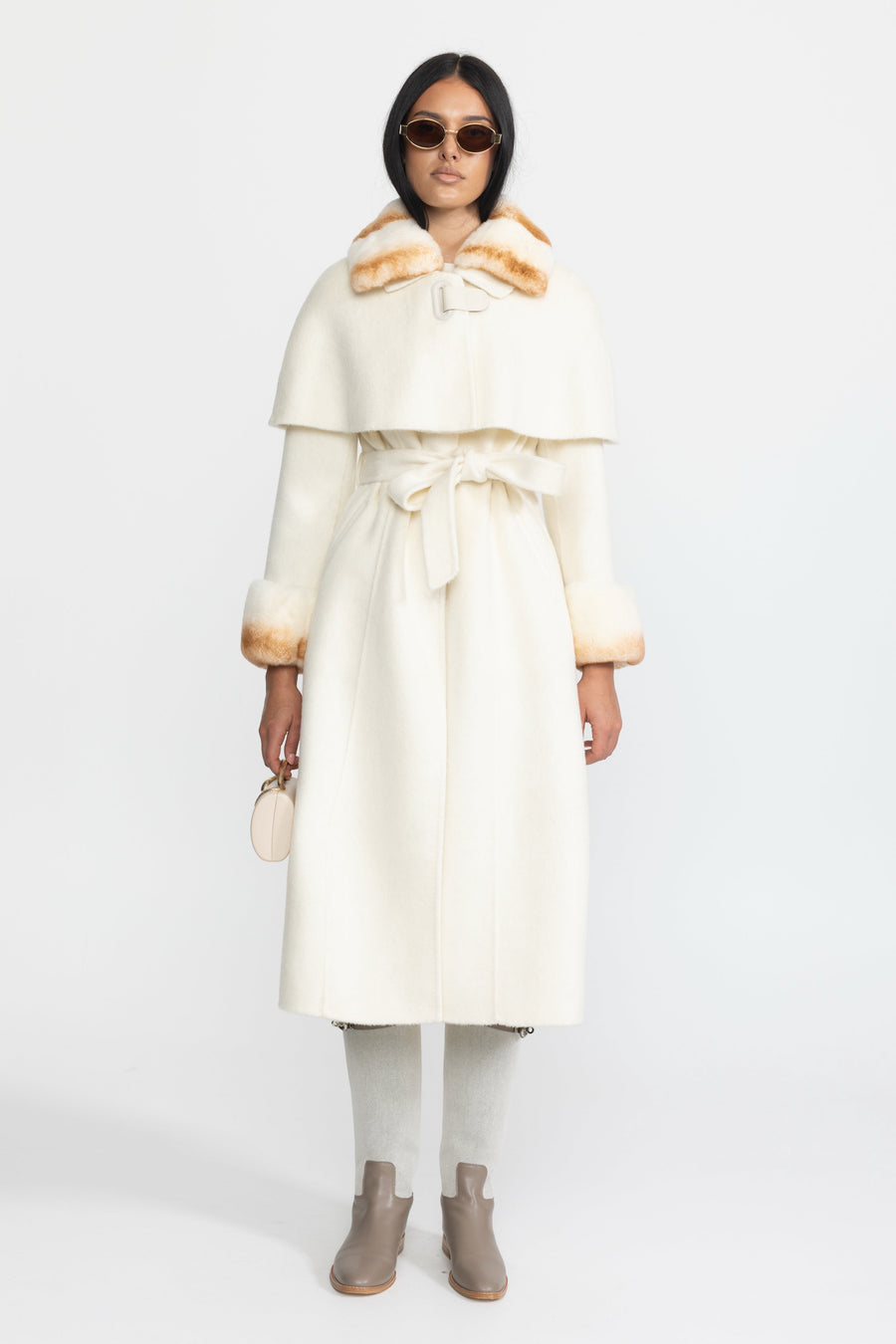 Brune Ivoire Rex Rabbit Fur Collar Capelet Wool Coat