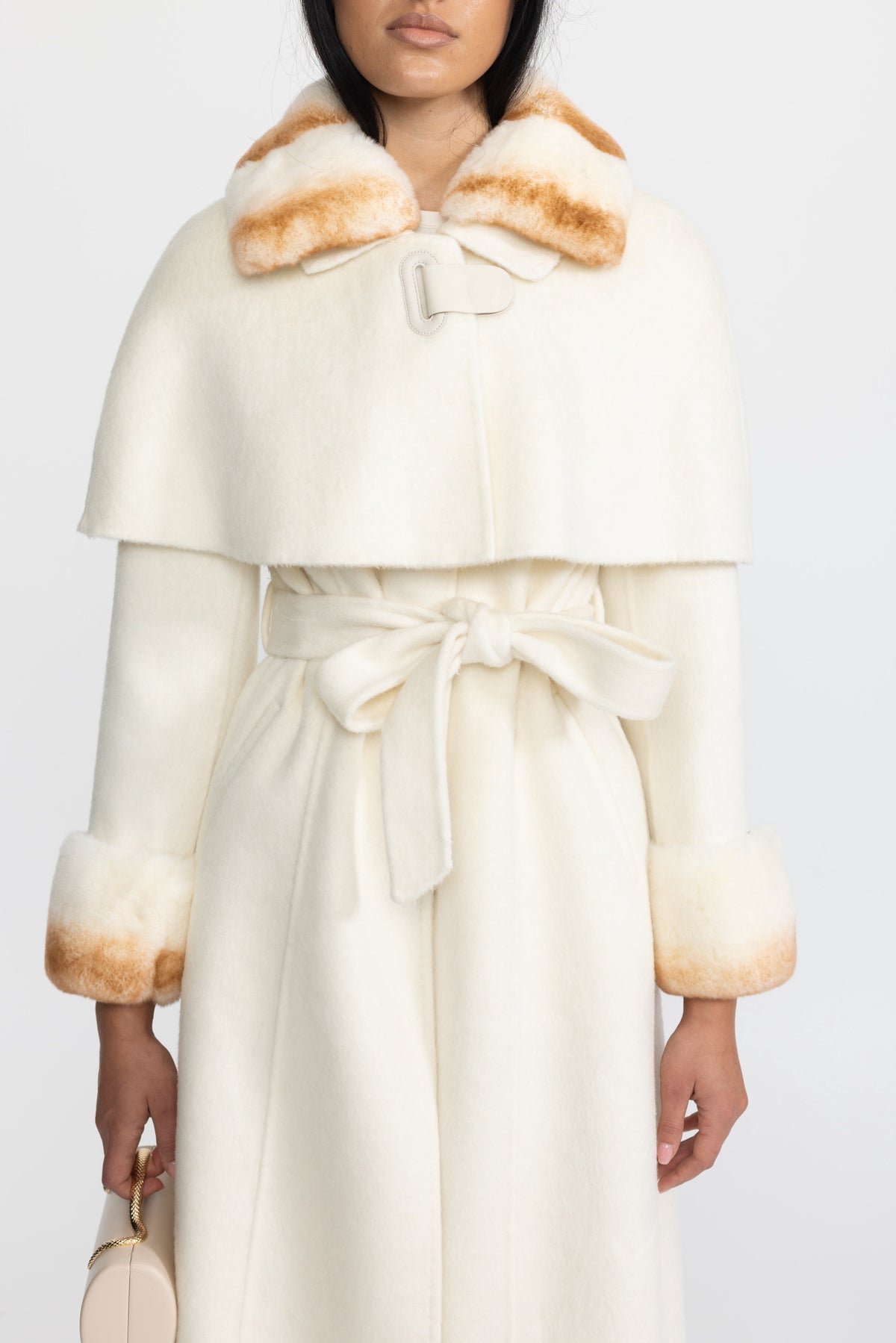 Brune Ivoire Rex Rabbit Fur Collar Capelet Wool Coat