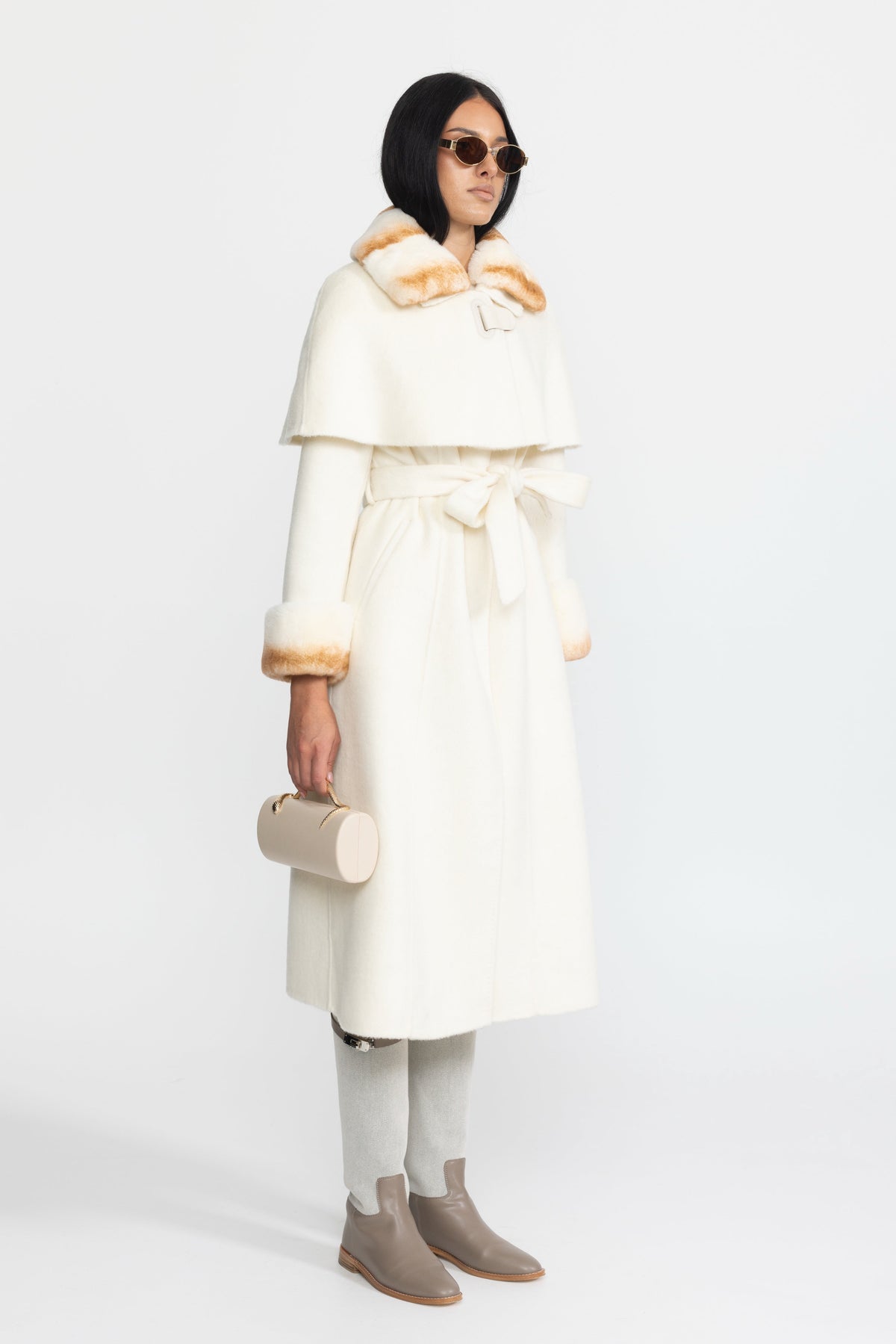 Brune Ivoire Rex Rabbit Fur Collar Capelet Wool Coat