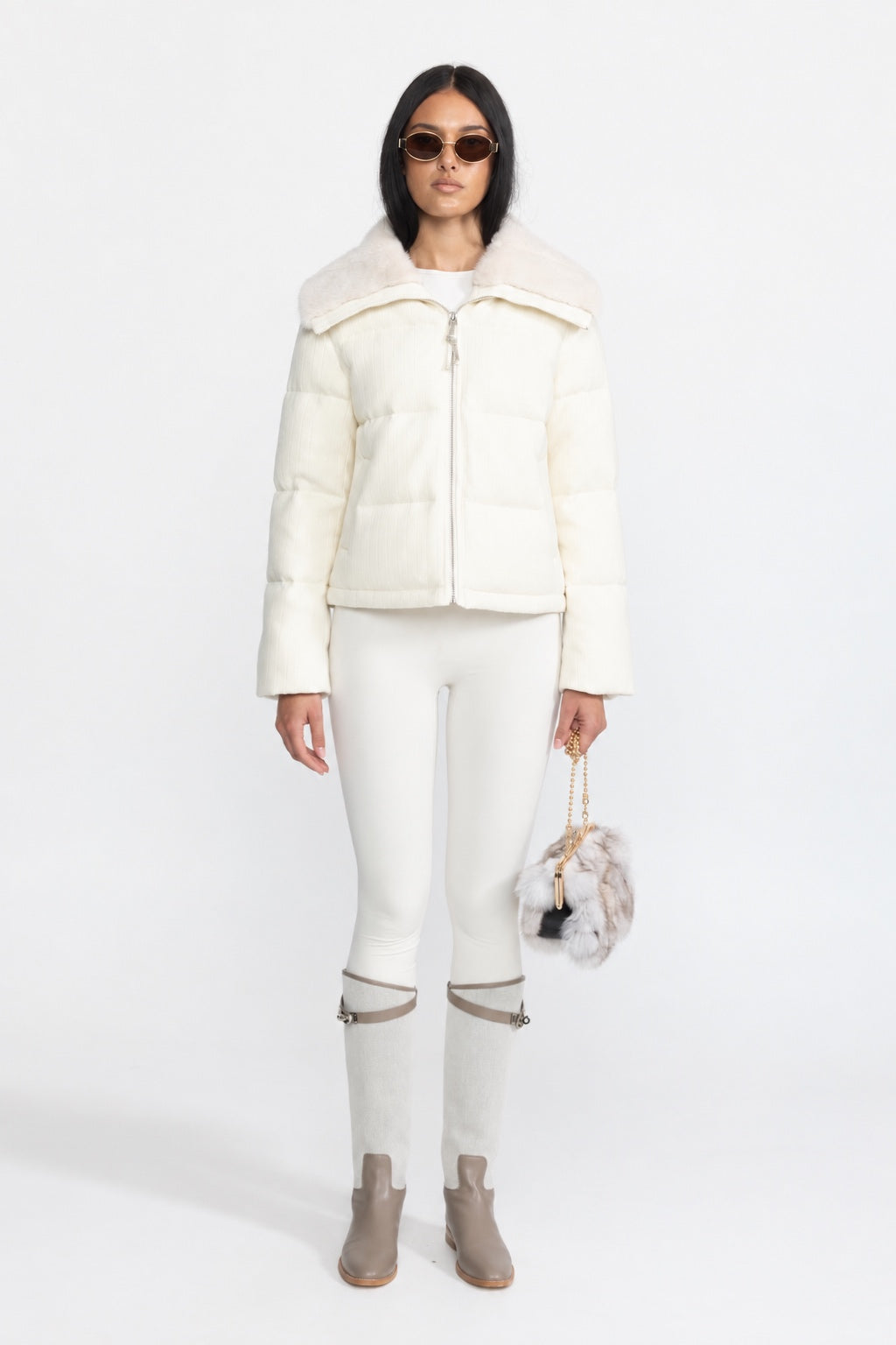 Corentine Ivoire Ribbed Cashmere Down Puffer Jacket with Mink Fur Collar