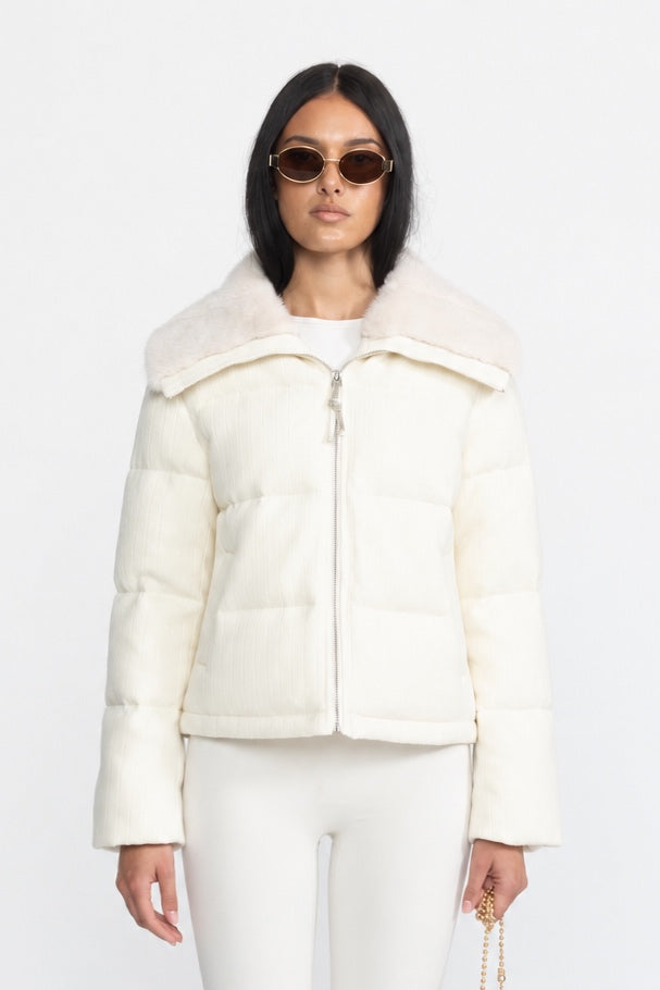Corentine Ivoire Ribbed Cashmere Down Puffer Jacket with Mink Fur Collar