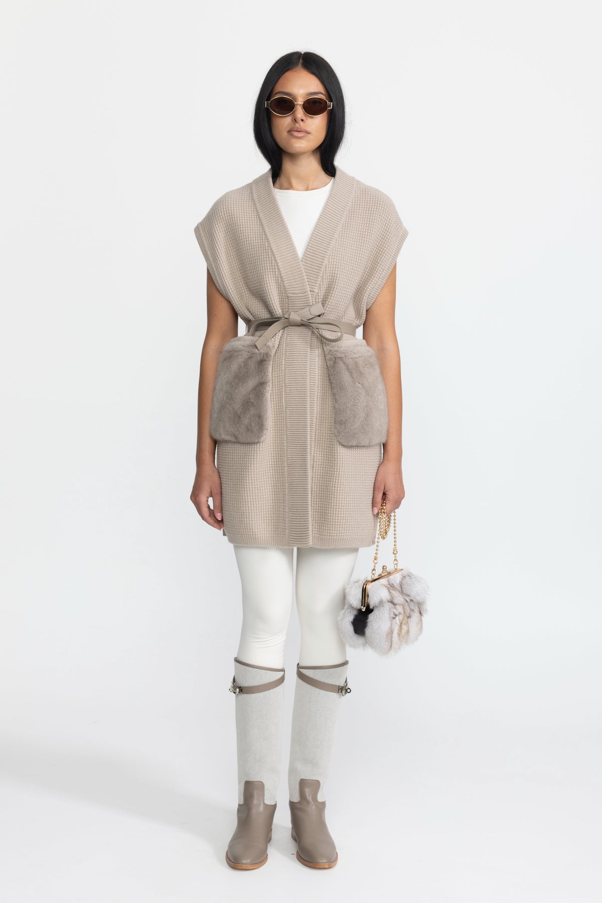 Clélia Beige Belted Waffle Knit Gilet with Mink Fur Pockets
