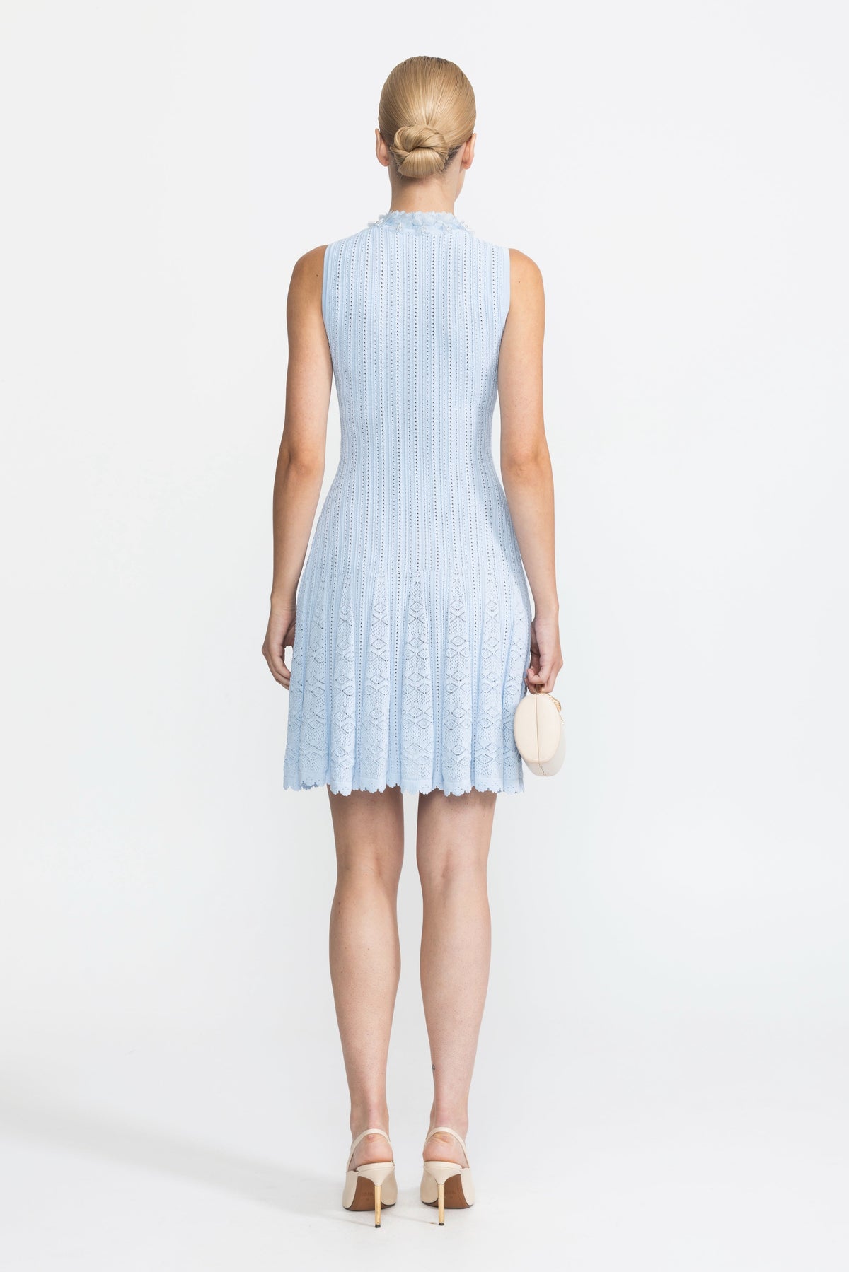 Flavie Light Blue Organza Flower Trim Pointelle Knit Mini Dress