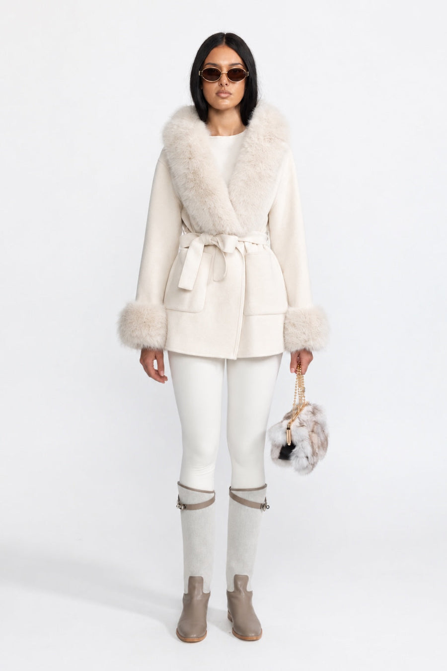 Dorothée Ivoire Hooded Belted Cashmere-Blend Coat with Fur Trim