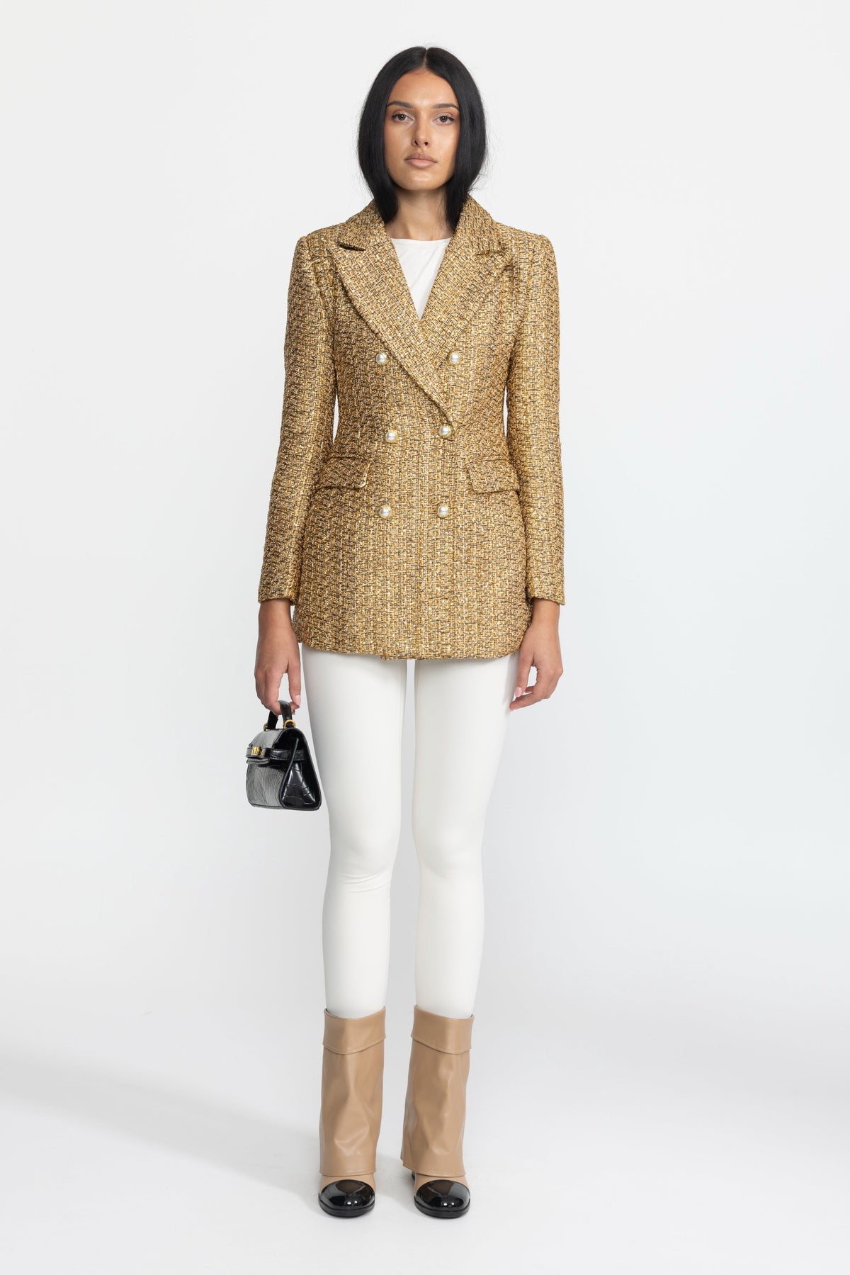 Ermeline Gold Metallic Tweed Double-Breasted Blazer with Pearl Buttons