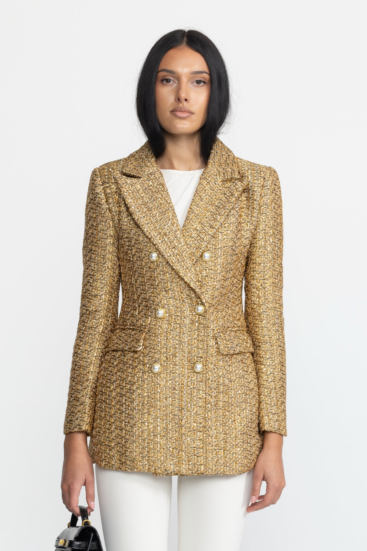 Ermeline Gold Metallic Tweed Double-Breasted Blazer with Pearl Buttons