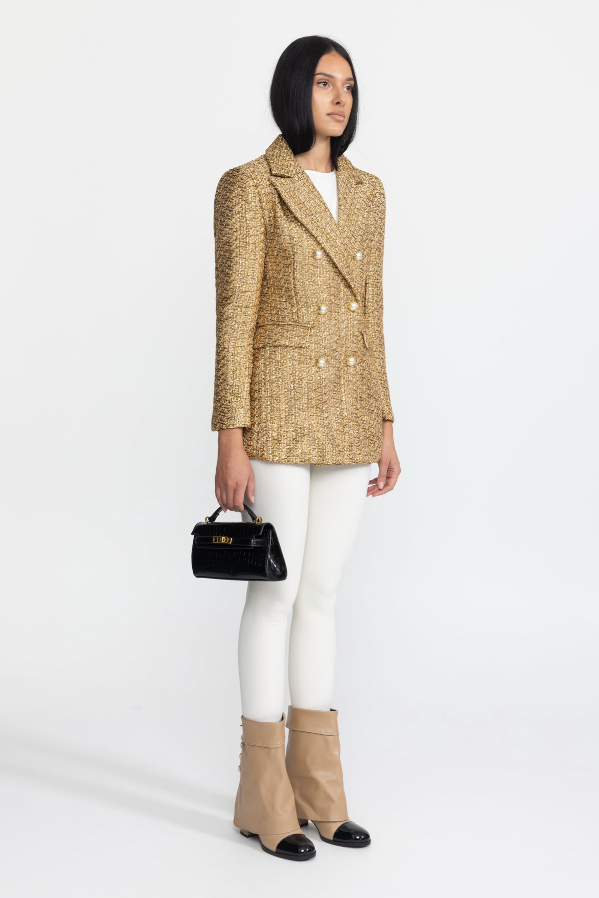 Ermeline Gold Metallic Tweed Double-Breasted Blazer with Pearl Buttons