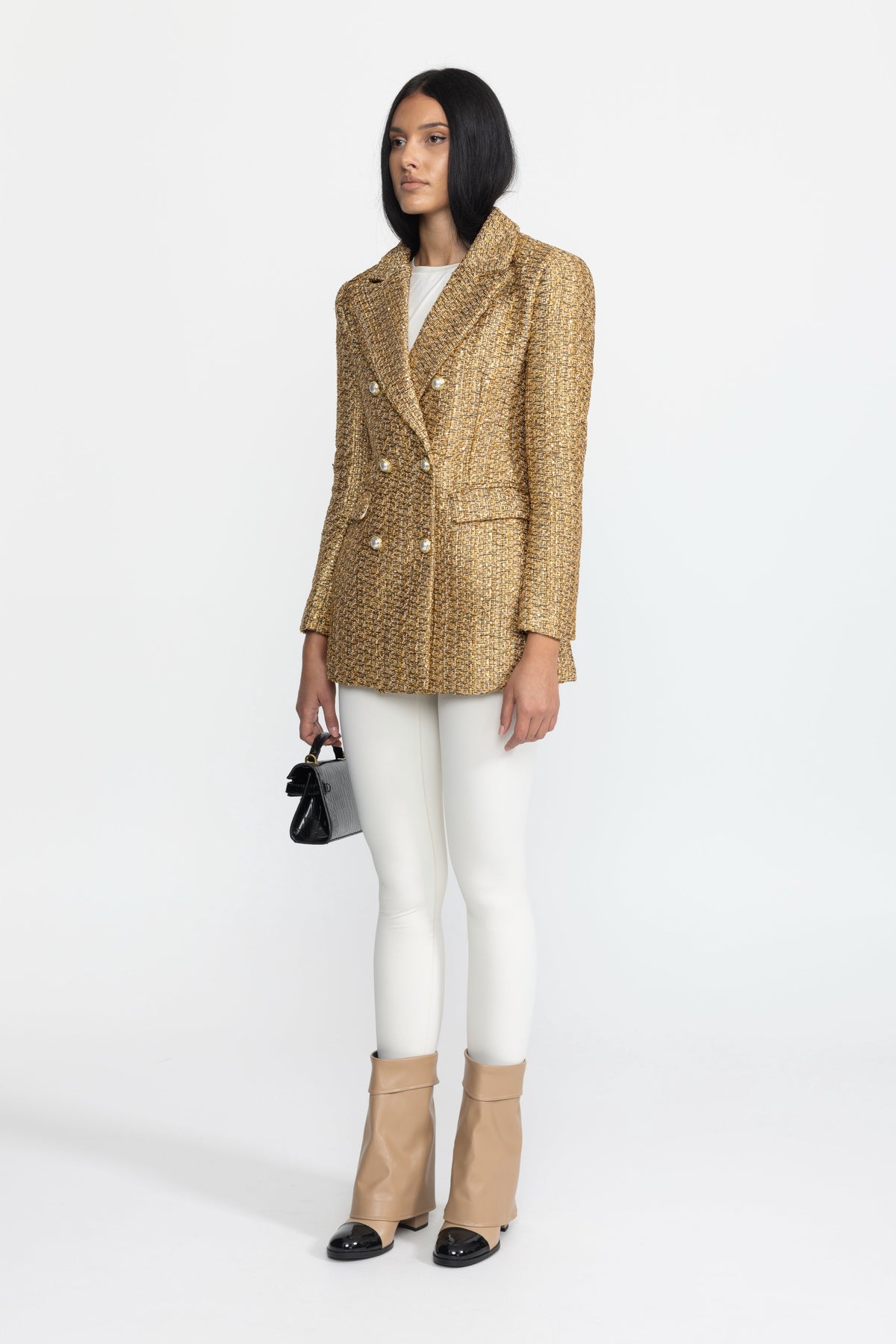 Ermeline Gold Metallic Tweed Double-Breasted Blazer with Pearl Buttons
