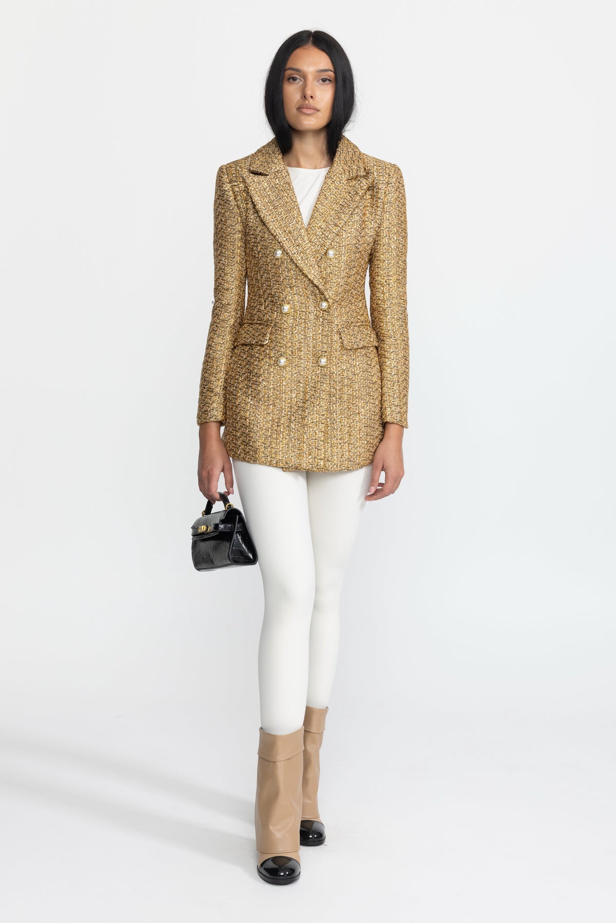 Ermeline Gold Metallic Tweed Double-Breasted Blazer with Pearl Buttons
